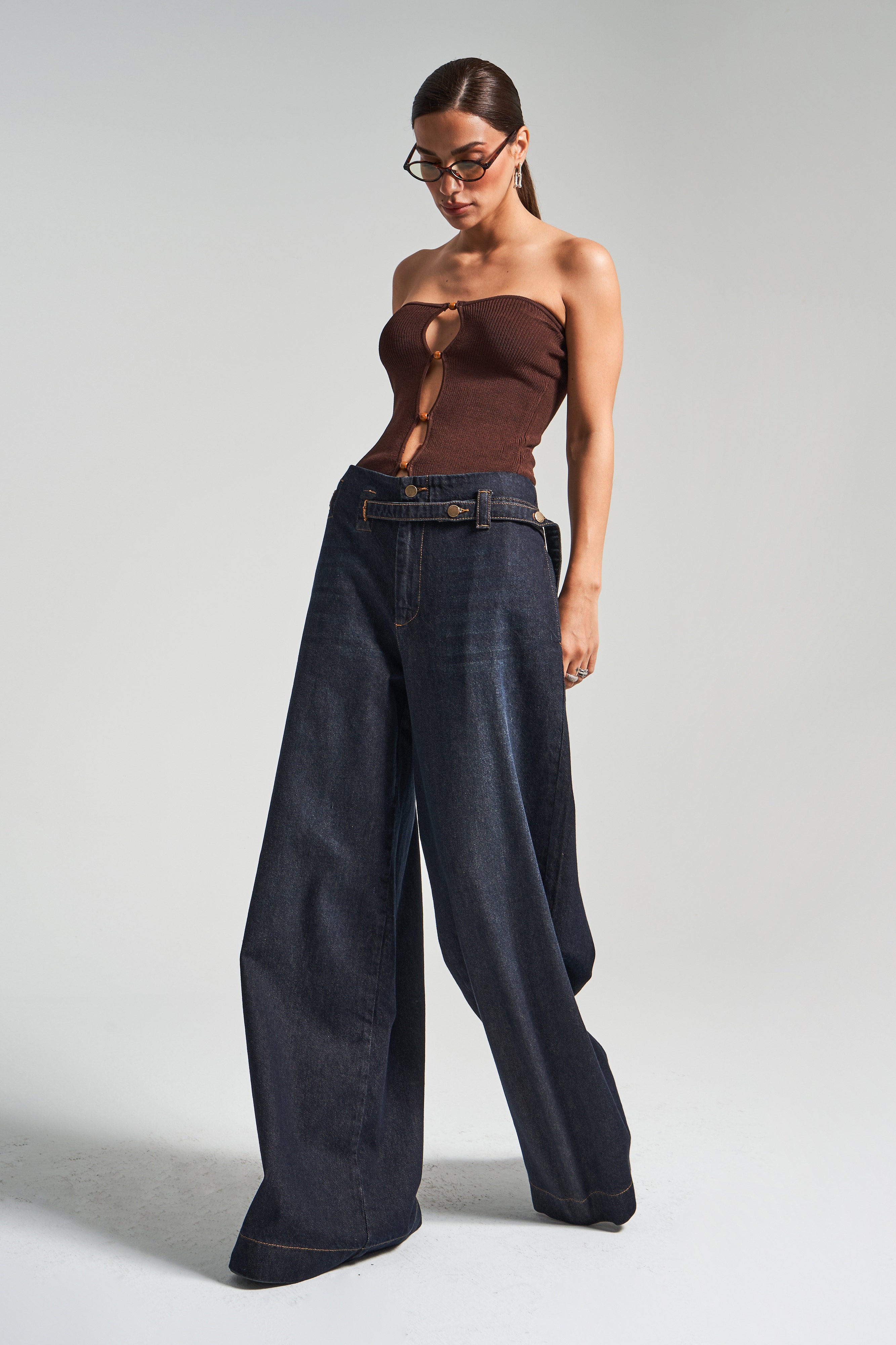 Kadın Koyu Kot Rengi 2w5-128 Süper Palazzo Fit %100 Koton Kemer Detaylı İç Boy 83cm Denim Jean