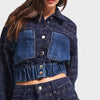 Women's Dark Blue Washed 2/1 Twill Woven Denim Fabric Blend Button Front Custom Design Bomber Jacket