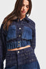 Women's Dark Blue Washed 2/1 Twill Woven Denim Fabric Blend Button Front Custom Design Bomber Jacket