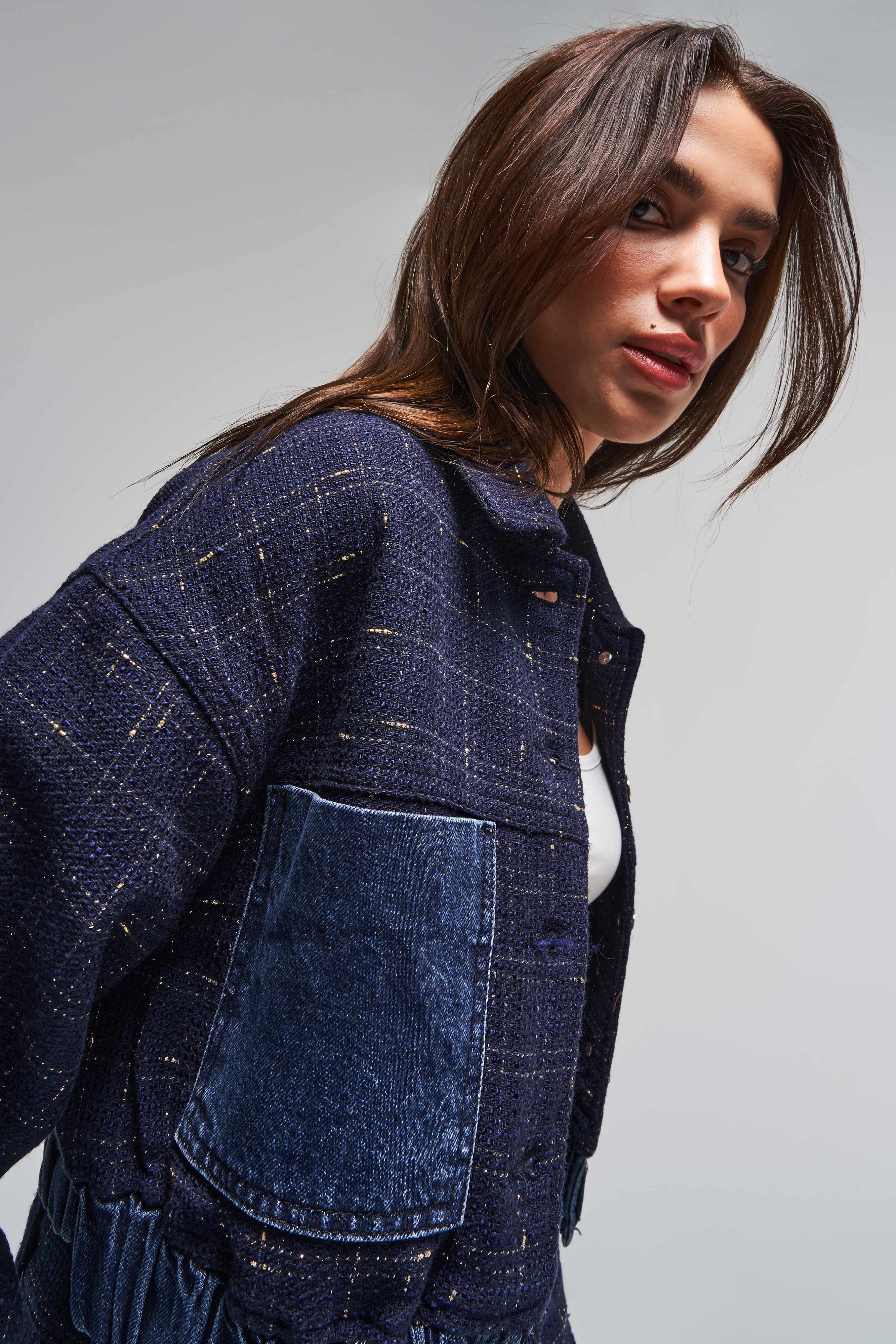 Kadın Koyu Kot Rengi T 2w5-7 Dokuma Denim Kumaş Karışımlı Önü Düğmeli Özel Tasarım Bomber Ceket