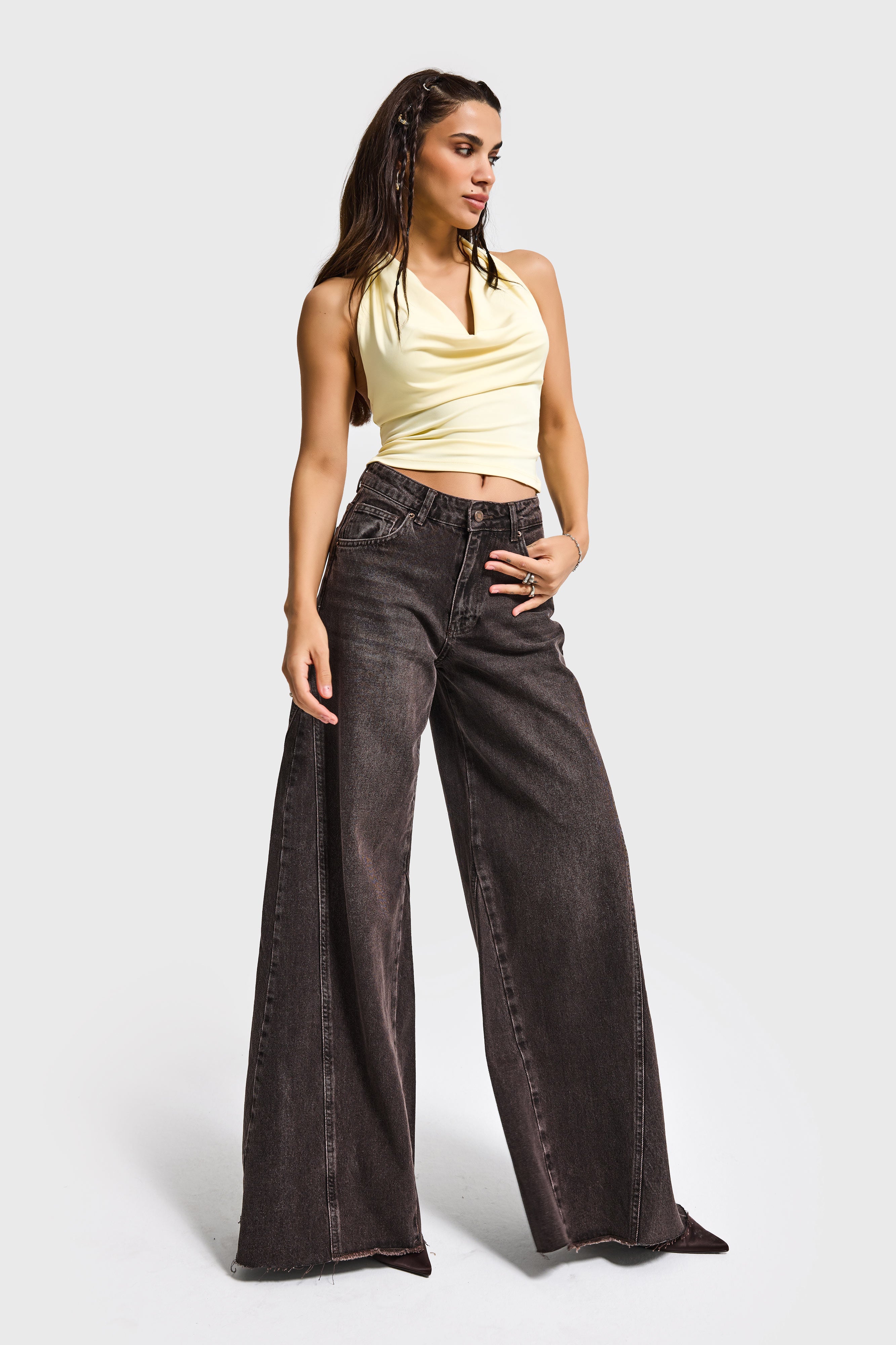 Kadın Koyu Kot Rengi 4s6-156 Süper Palazzo Fit Yan Detaylı Tasarım Denim Jean