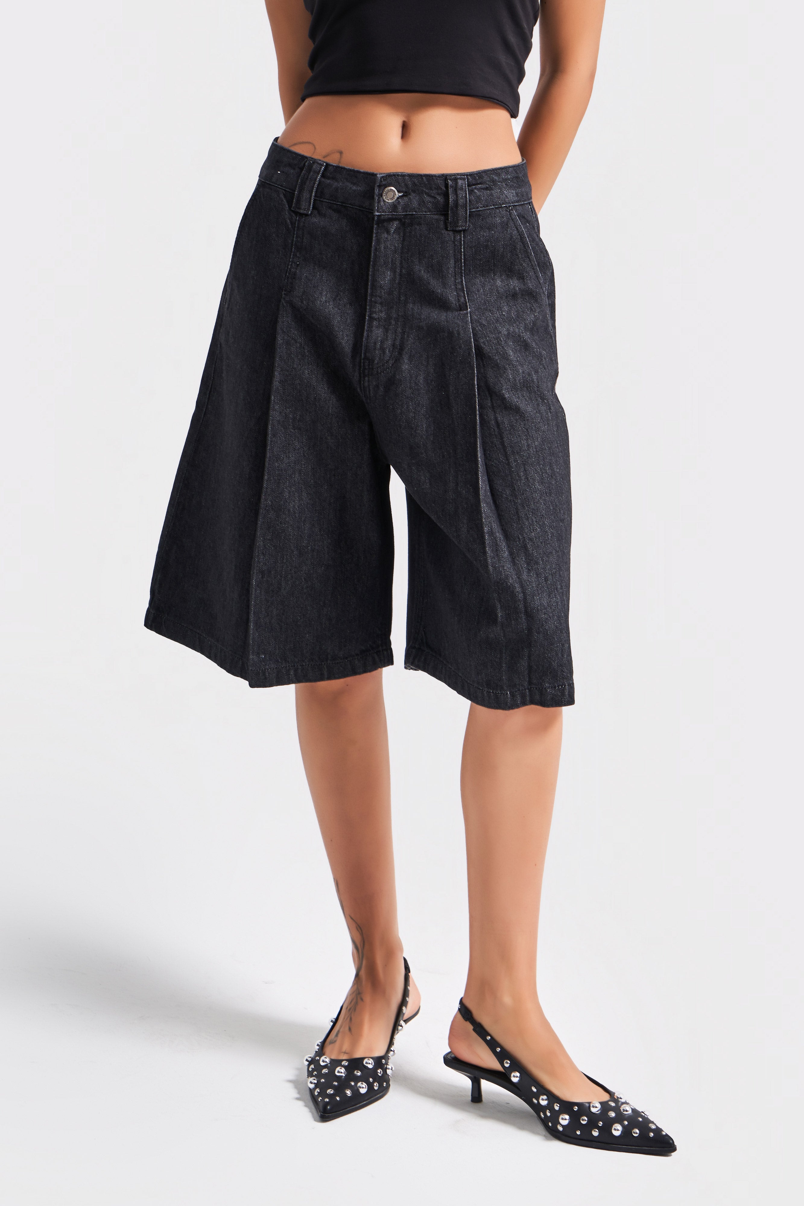 Kadın Koyu Kot Rengi 7s5-51 Skater Fit Maxi Boy %100 Koton Denim Bermuda Şort