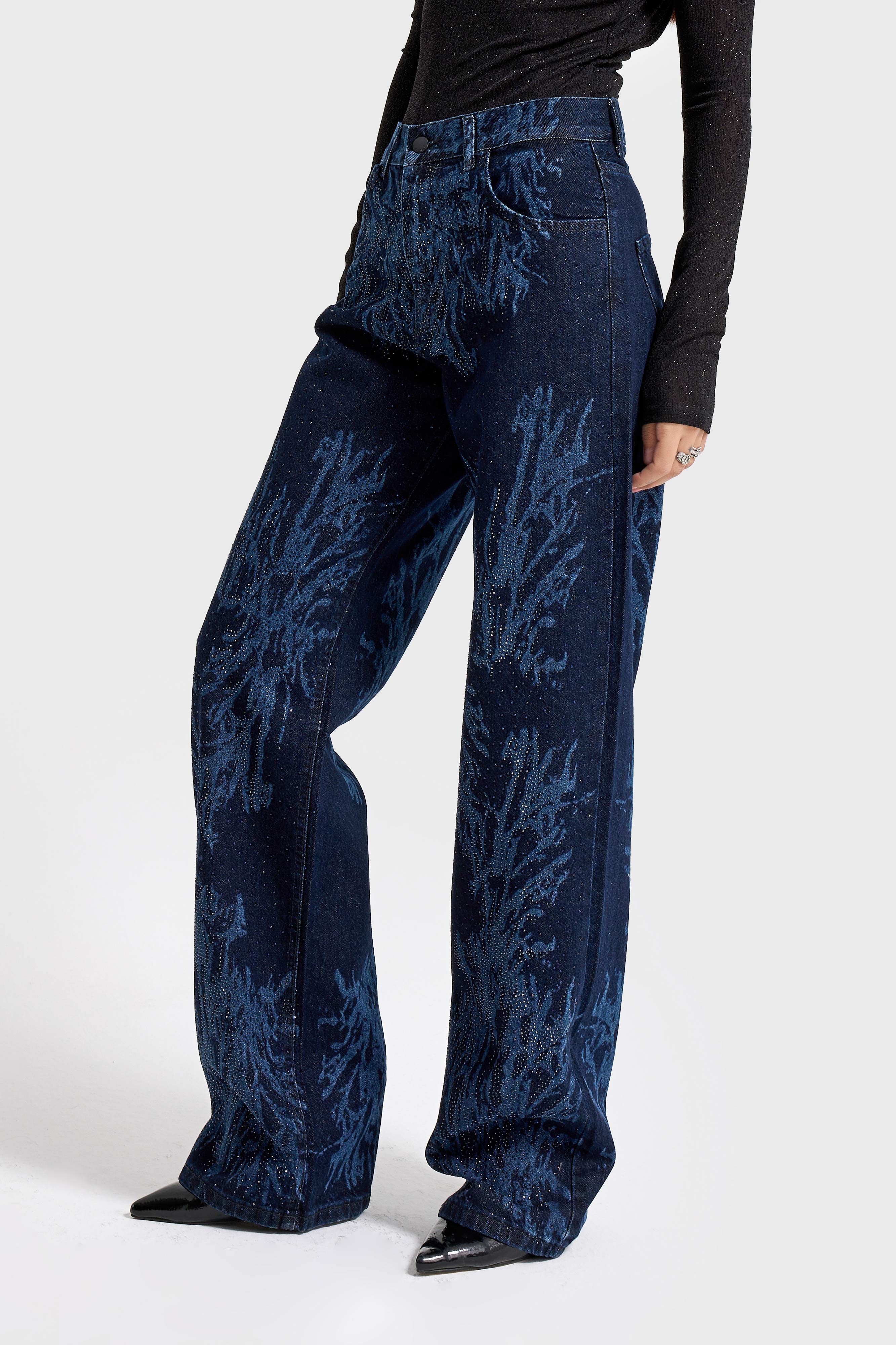 Kadın Koyu Kot Rengi 9s6-5 Loose Fit Parlak Taşlı Özel Tasarım Denim Jean