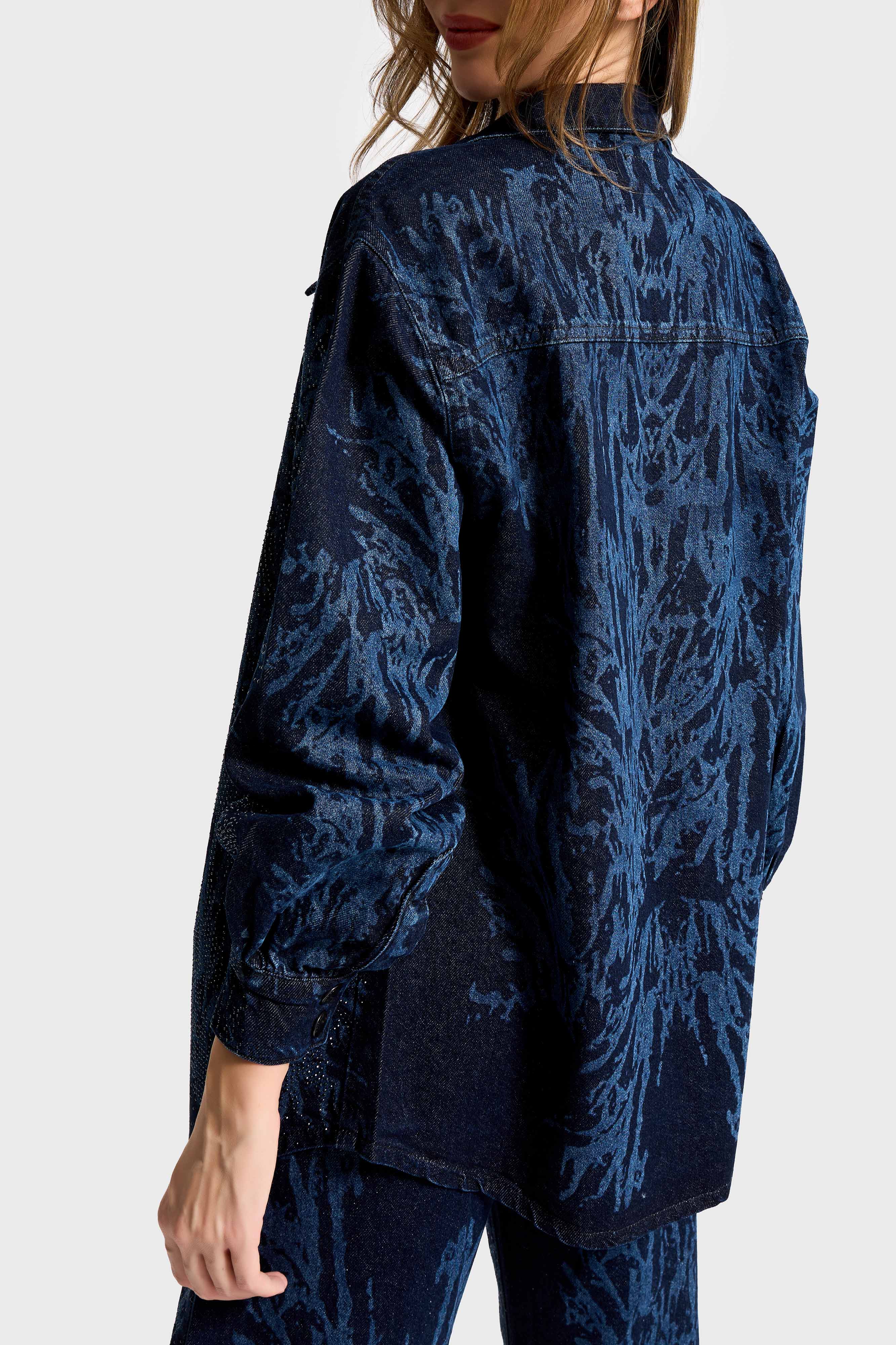 Kadın Koyu Kot Rengi 9s6-5 Oversize Parlak Taş Desen Detaylı Özel Tasarım Denim Ceket