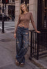Kadın Koyu Kot T-10w6-8 Palazzo Fit Taş ve Drop Detaylı Özel Tsarım Denim Jean