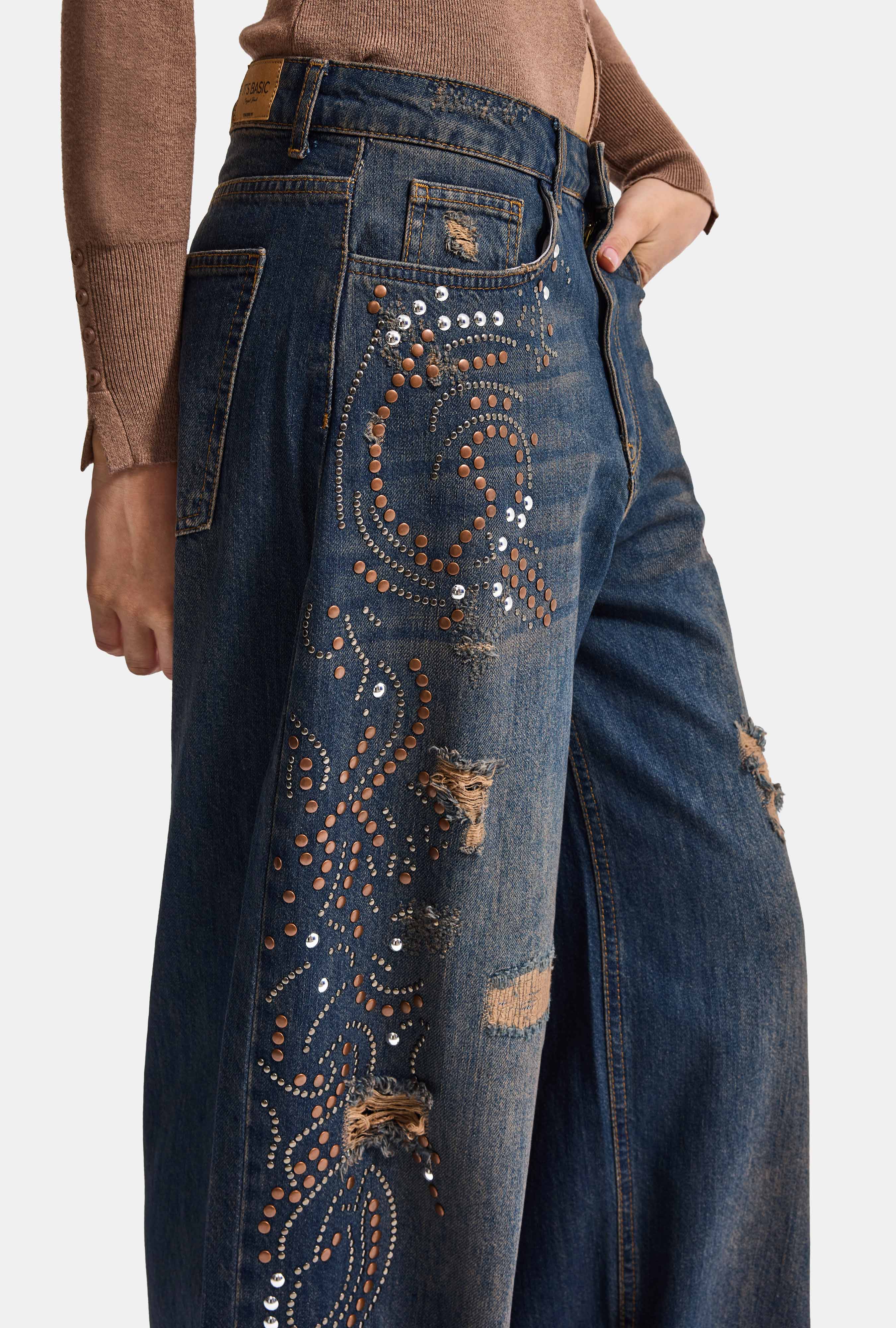 Kadın Koyu Kot T-10w6-8 Palazzo Fit Taş ve Drop Detaylı Özel Tsarım Denim Jean