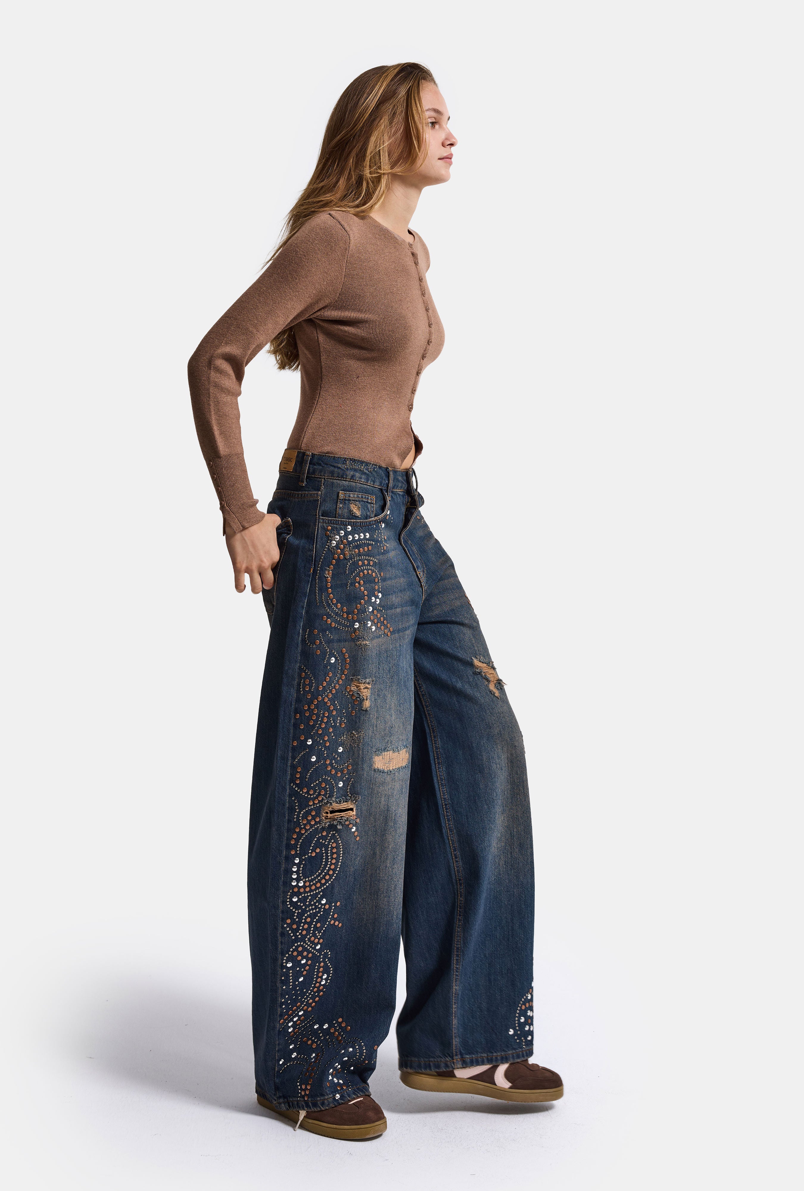 Kadın Koyu Kot T-10w6-8 Palazzo Fit Taş ve Drop Detaylı Özel Tsarım Denim Jean