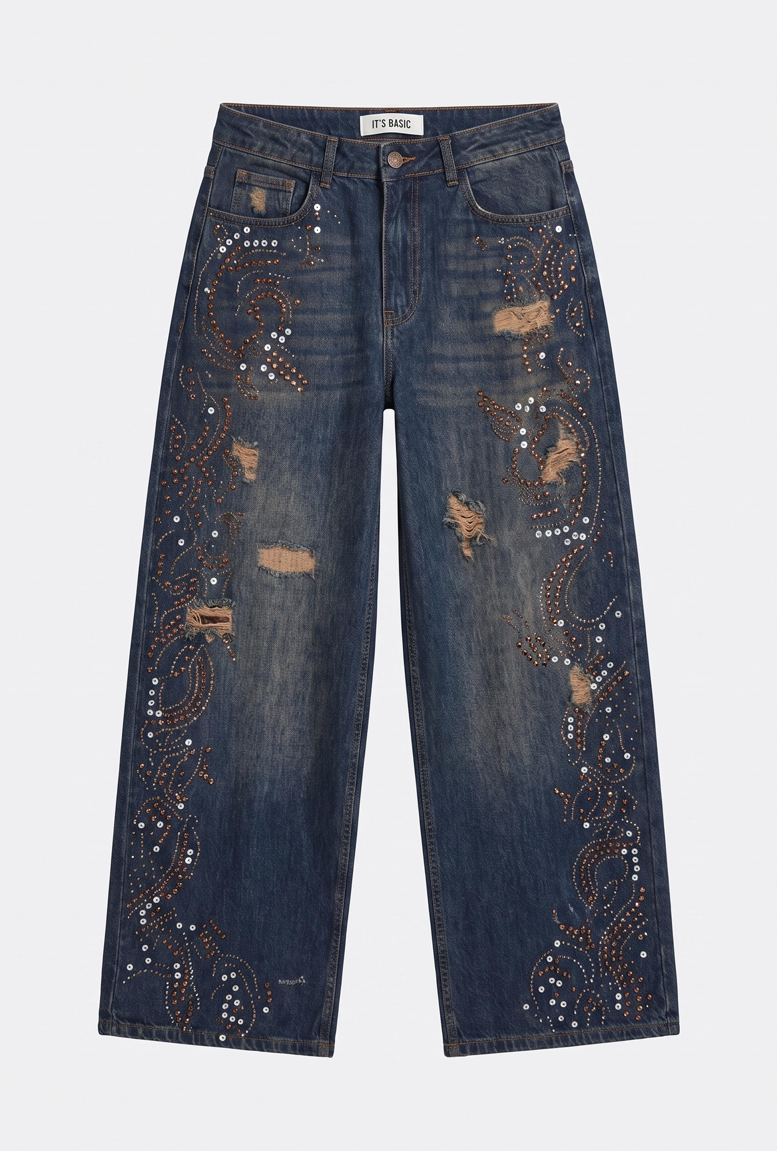 Kadın Koyu Kot T-10w6-8 Palazzo Fit Taş ve Drop Detaylı Özel Tsarım Denim Jean