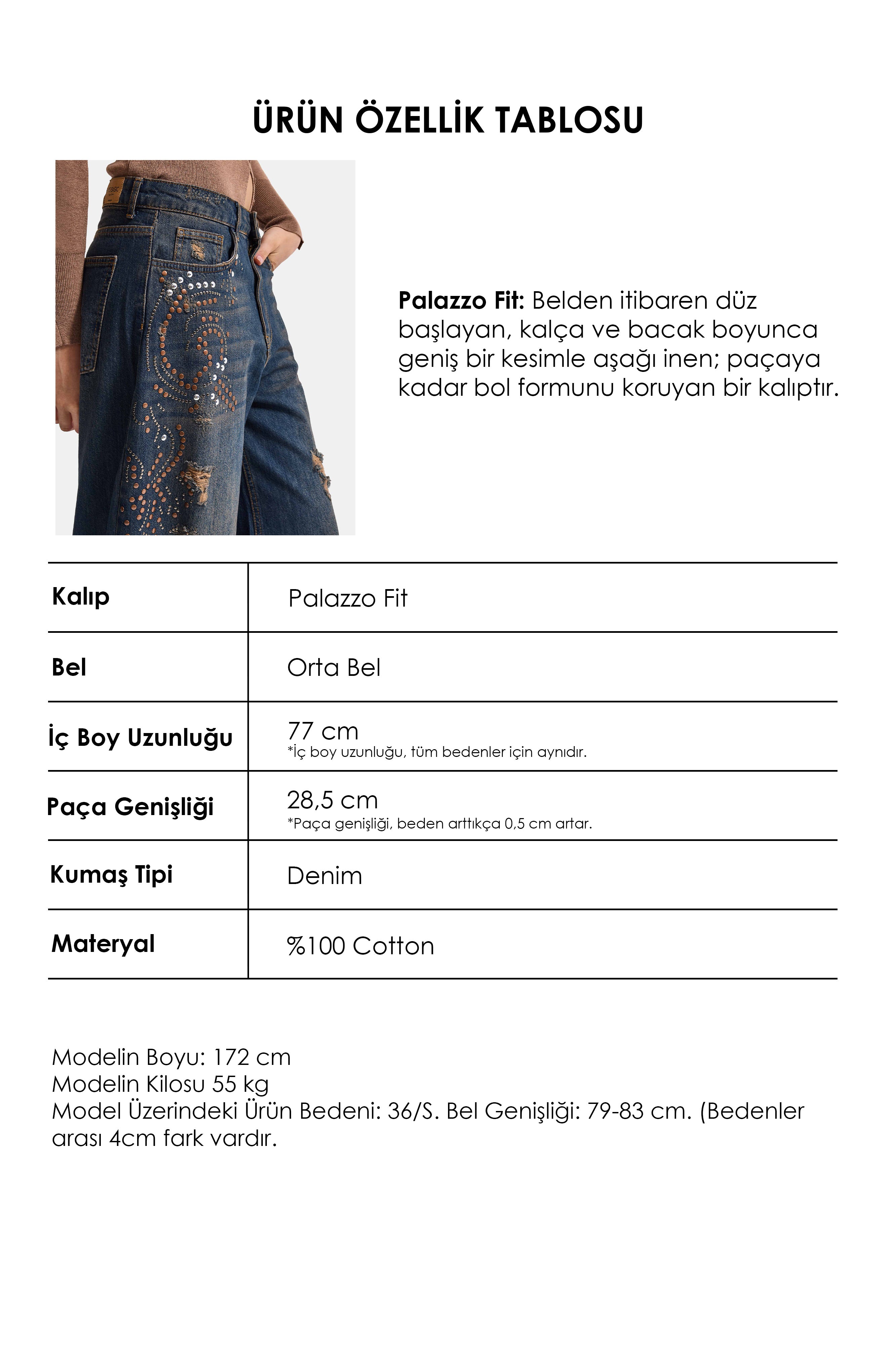 Kadın Koyu Kot T-10w6-8 Palazzo Fit Taş ve Drop Detaylı Özel Tsarım Denim Jean
