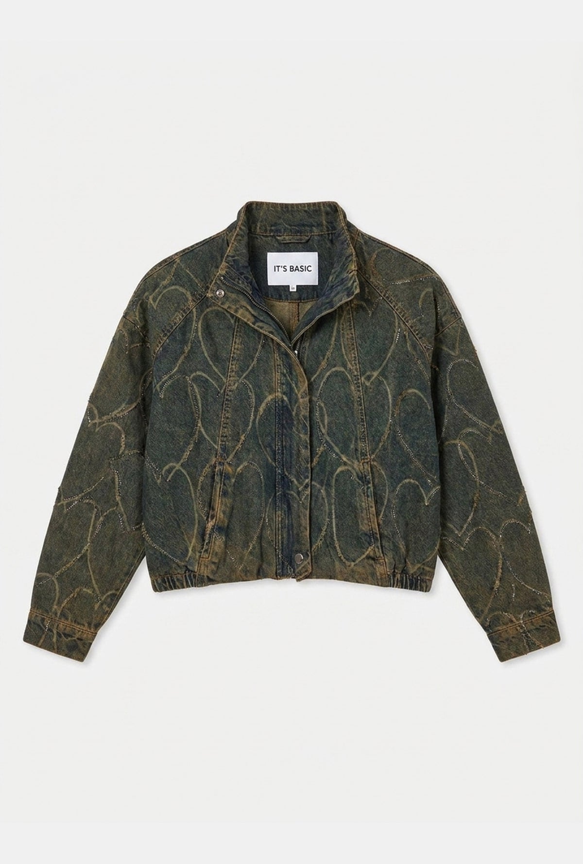 Kadın Koyu Kot T-9w6-8 Oversize Bomber Özel Desen Taş Tasarım Denim Ceket