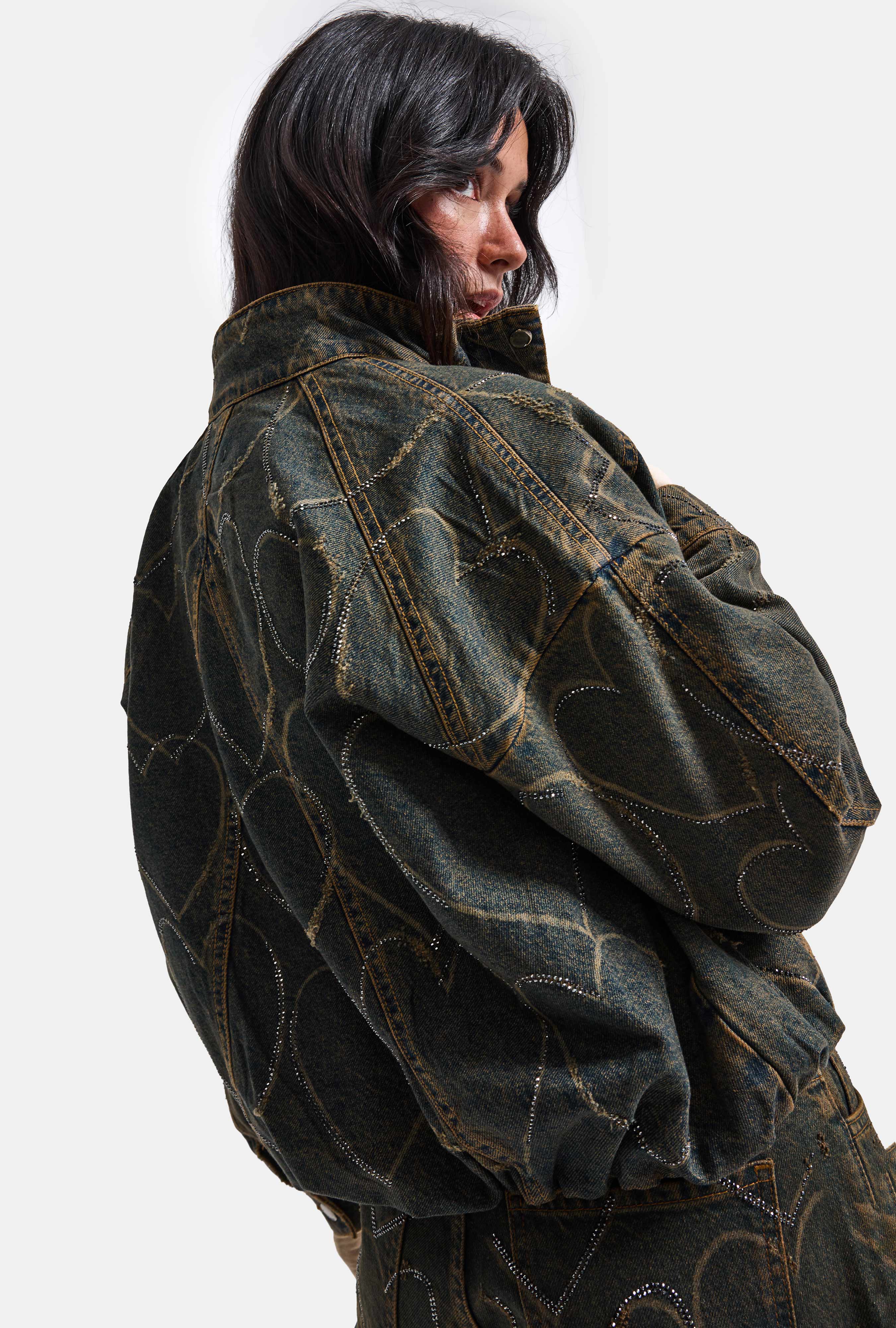 Kadın Koyu Kot T-9w6-8 Oversize Bomber Özel Desen Taş Tasarım Denim Ceket