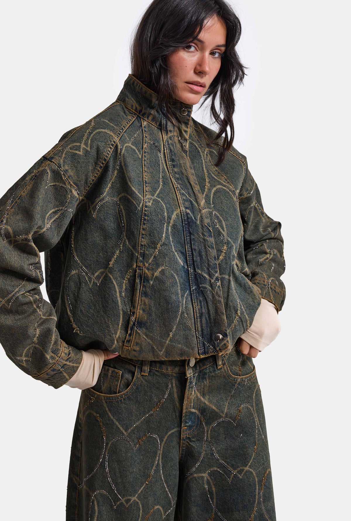 Kadın Koyu Kot T-9w6-8 Oversize Bomber Özel Desen Taş Tasarım Denim Ceket