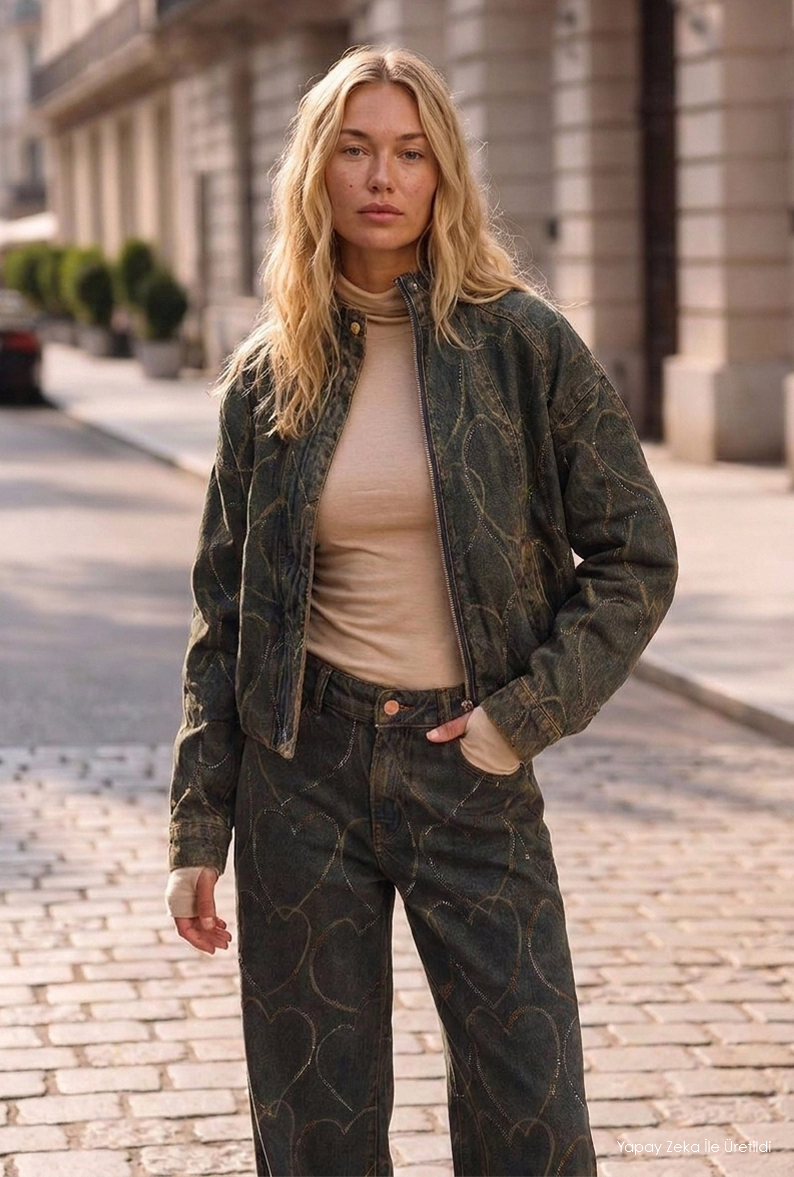 Kadın Koyu Kot T-9w6-8 Oversize Bomber Özel Desen Taş Tasarım Denim Ceket