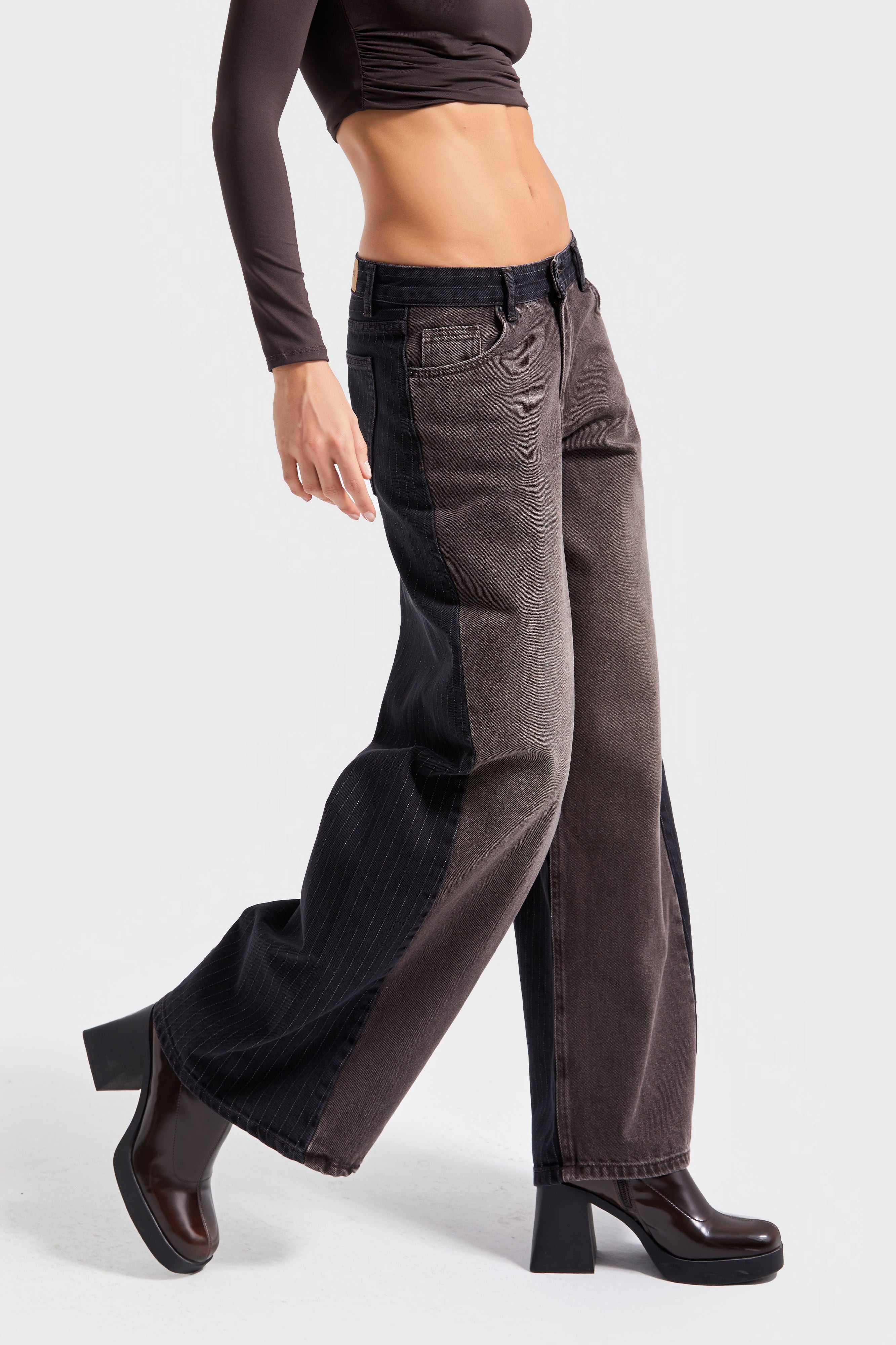 Kadın Koyu Kot Taş Rengi 2w5-16 Süper Palazzo Fit Komfort Kumaş İç Boy 80cm Kemer Detaylı Tasarım Denim Jean