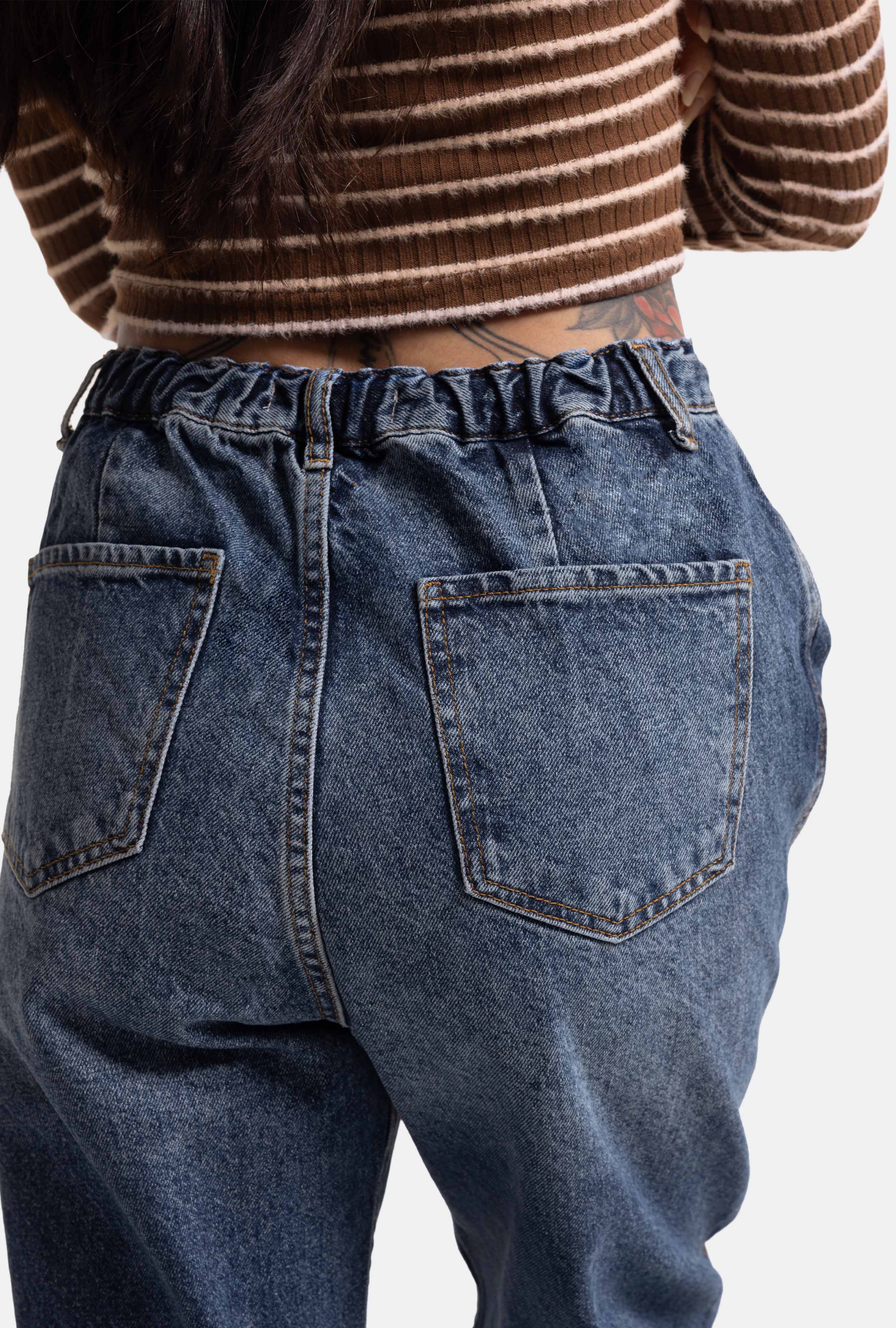 Kadın Koyu Mavi 2w5-5 Relaxed Fit Beli Lastikli Denim Jean