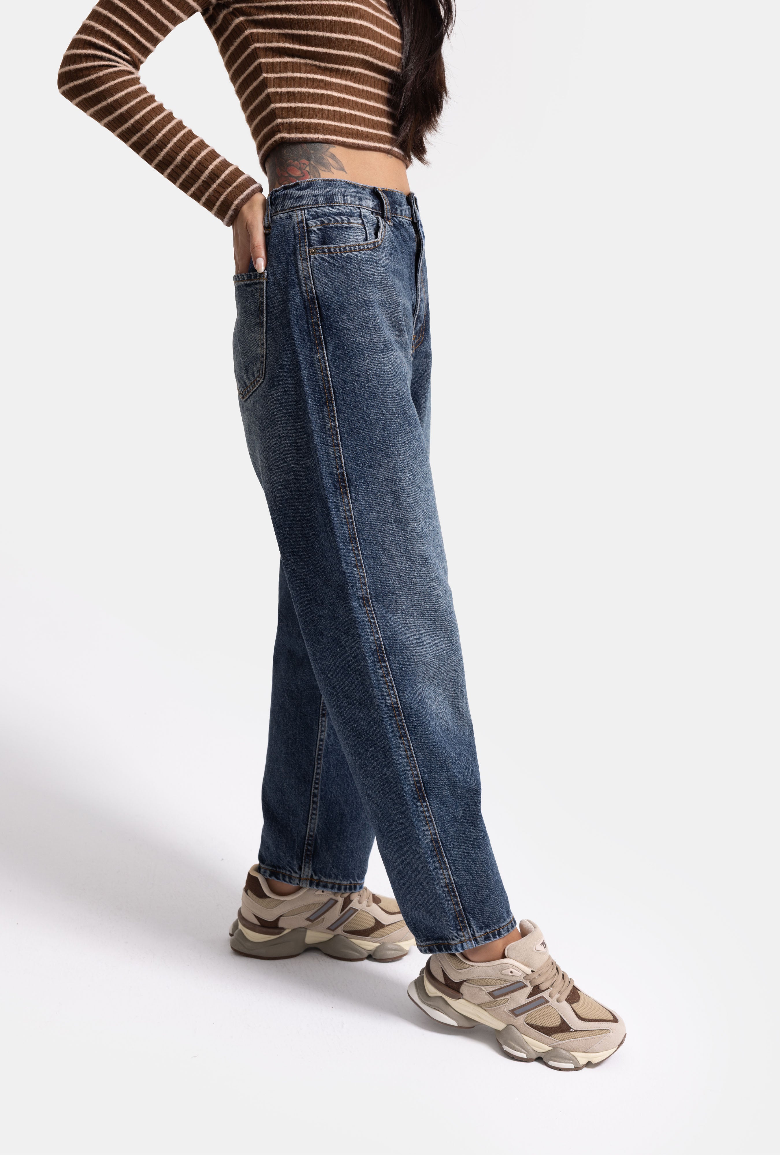 Kadın Koyu Mavi 2w5-5 Relaxed Fit Beli Lastikli Denim Jean