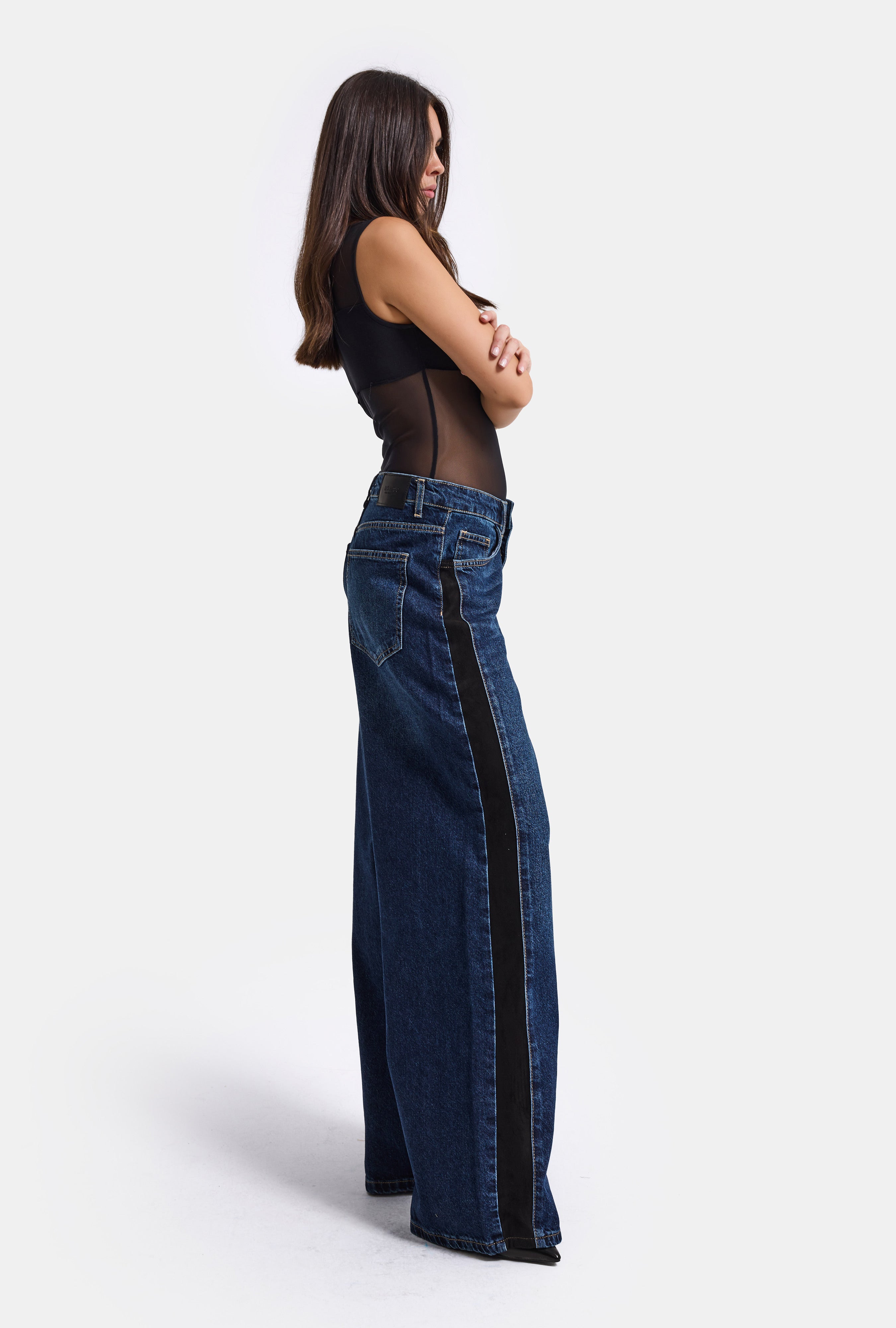 Kadın Koyu Mavi 2w6-5 Süper Baggy Yan Süet Detaylı Özel Tasarım Denim Jean