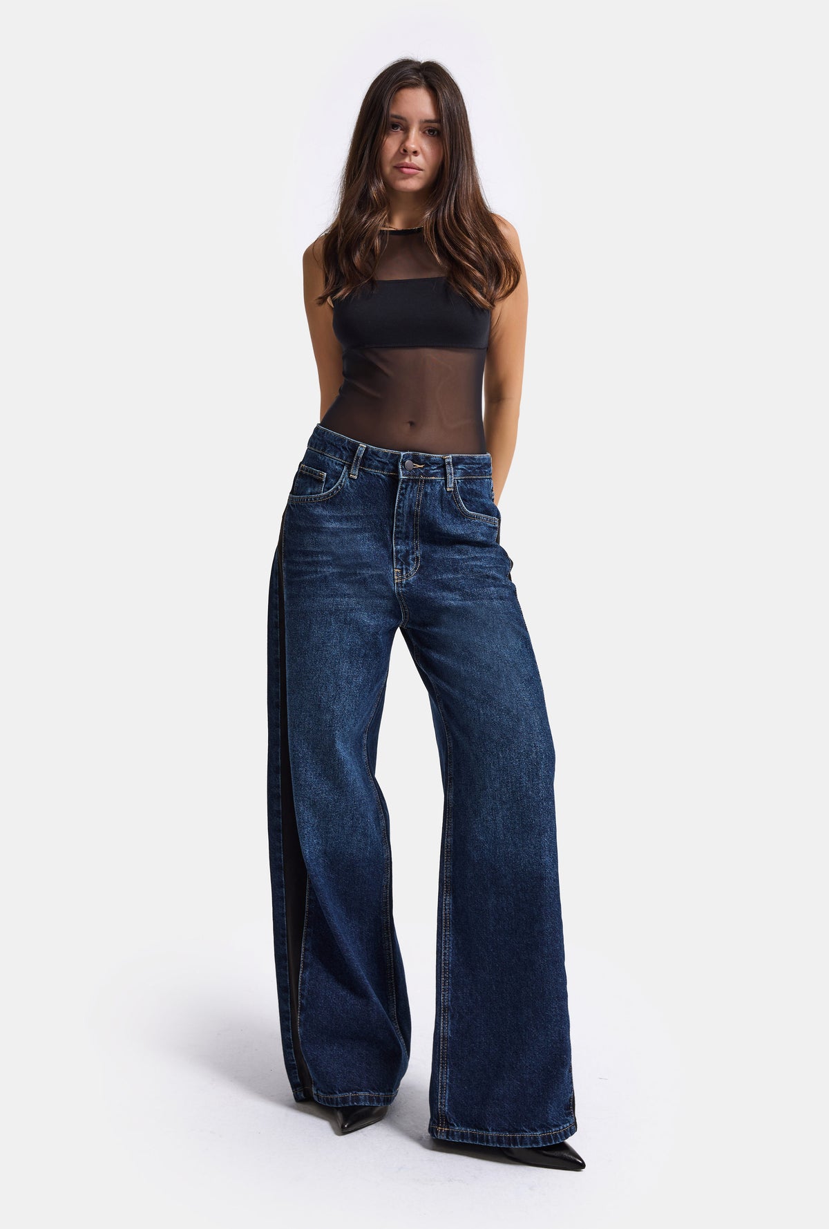 Kadın Koyu Mavi 2w6-5 Süper Baggy Yan Süet Detaylı Özel Tasarım Denim Jean
