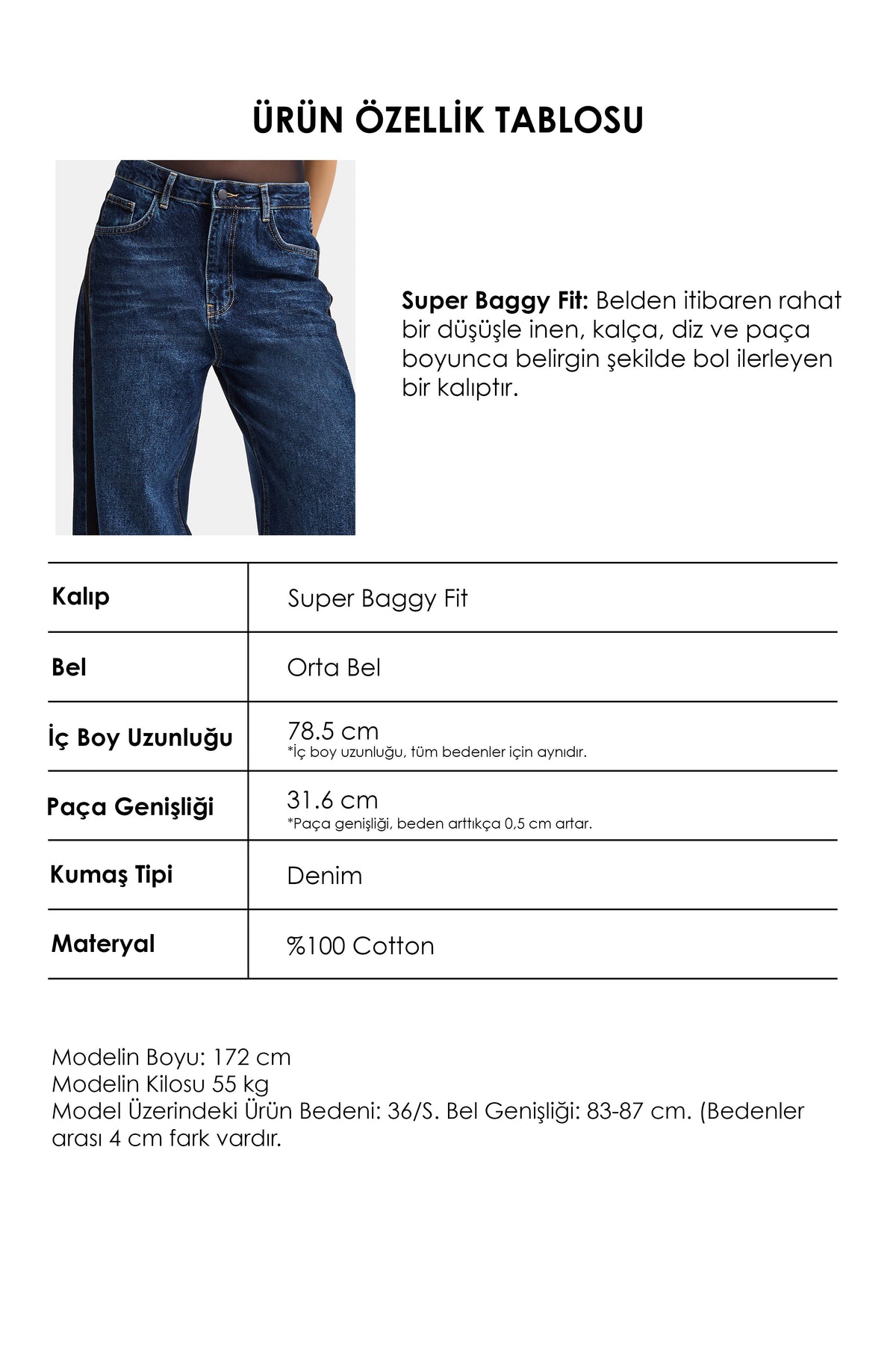 Kadın Koyu Mavi 2w6-5 Süper Baggy Yan Süet Detaylı Özel Tasarım Denim Jean