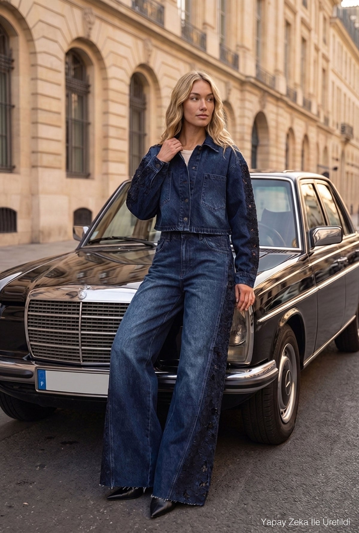 Kadın Koyu Mavi 2w6-7 Palazzo Fit Dantel Nakış Detaylı Özel Tasarım Denim Jean