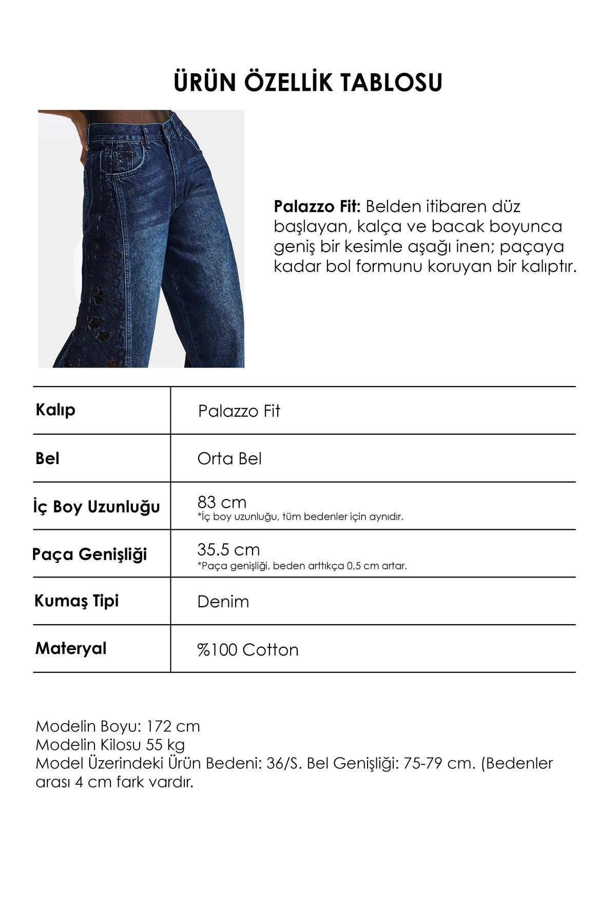 Kadın Koyu Mavi 2w6-7 Palazzo Fit Dantel Nakış Detaylı Özel Tasarım Denim Jean