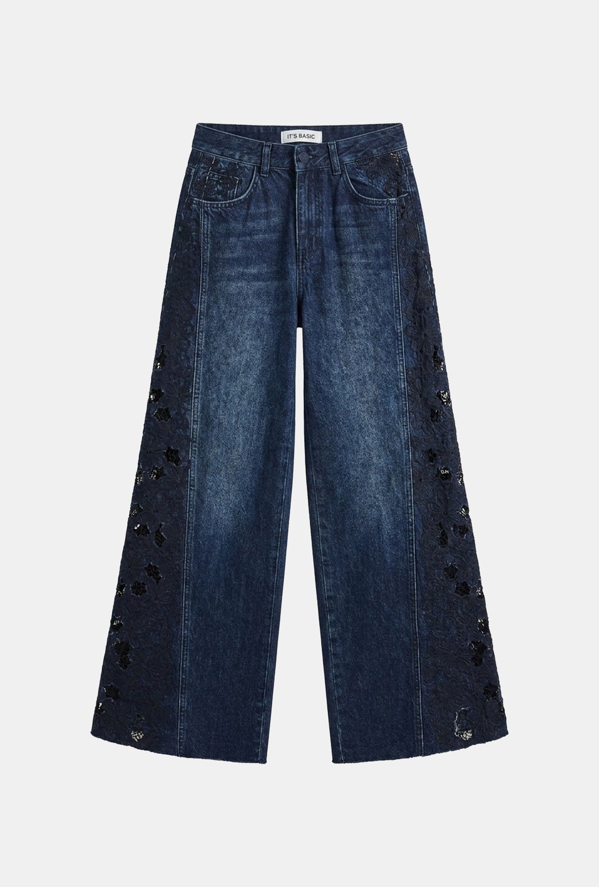Kadın Koyu Mavi 2w6-7 Palazzo Fit Dantel Nakış Detaylı Özel Tasarım Denim Jean