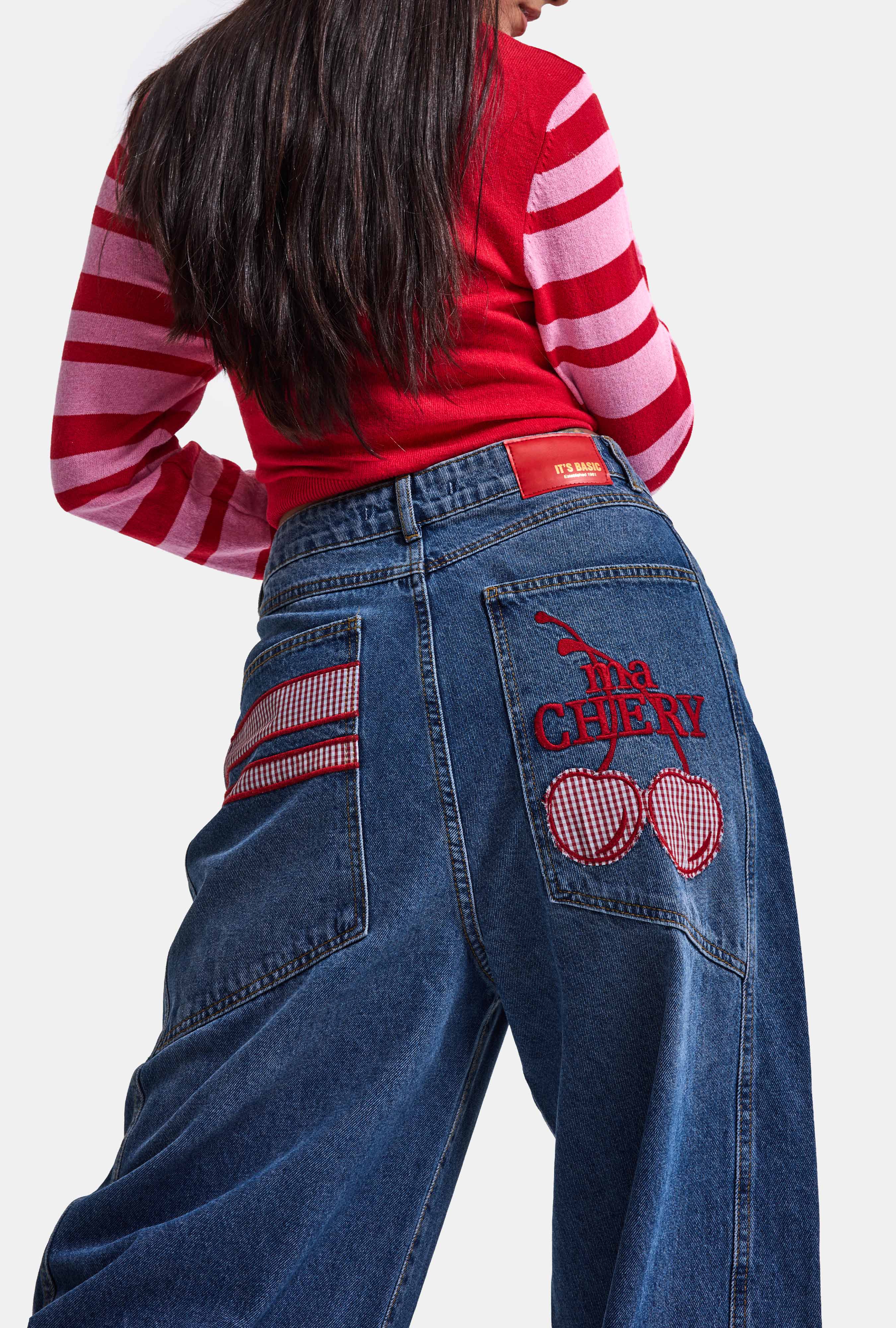 Kadın Koyu Mavi 2w6-98 Mega Baggy Chery Nakış Özel Tasarım Denim Jean