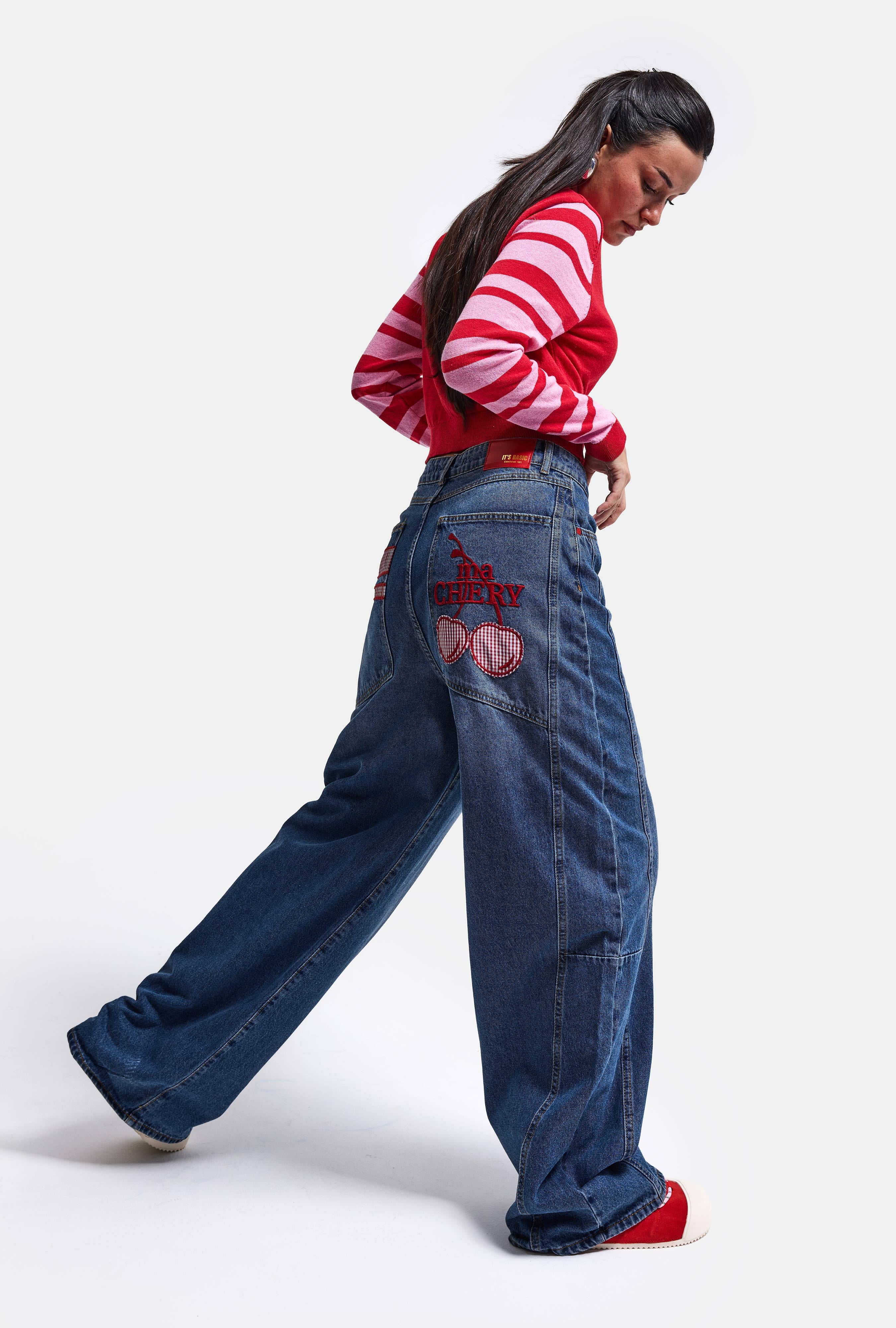 Kadın Koyu Mavi 2w6-98 Mega Baggy Chery Nakış Özel Tasarım Denim Jean