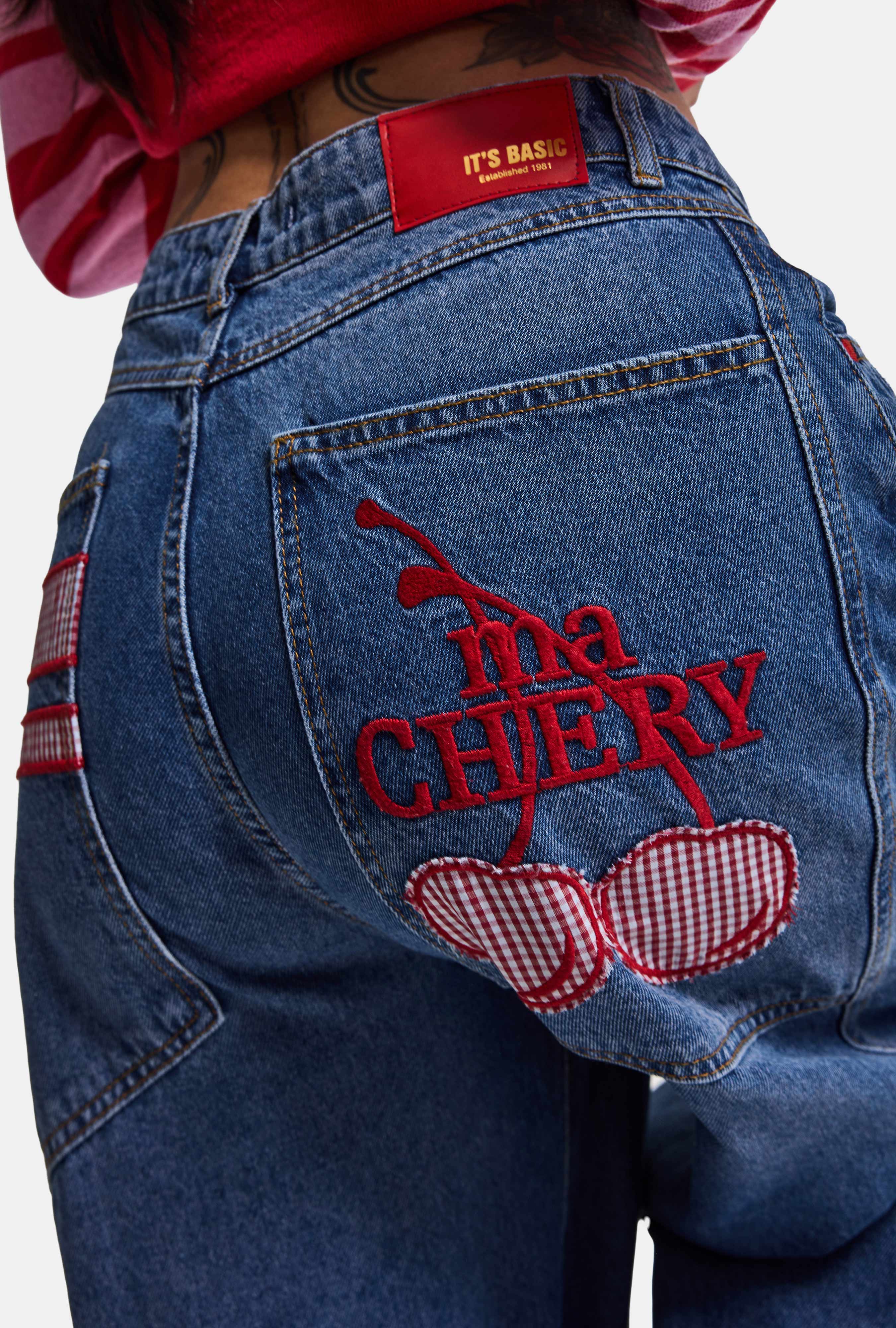 Kadın Koyu Mavi 2w6-98 Mega Baggy Chery Nakış Özel Tasarım Denim Jean