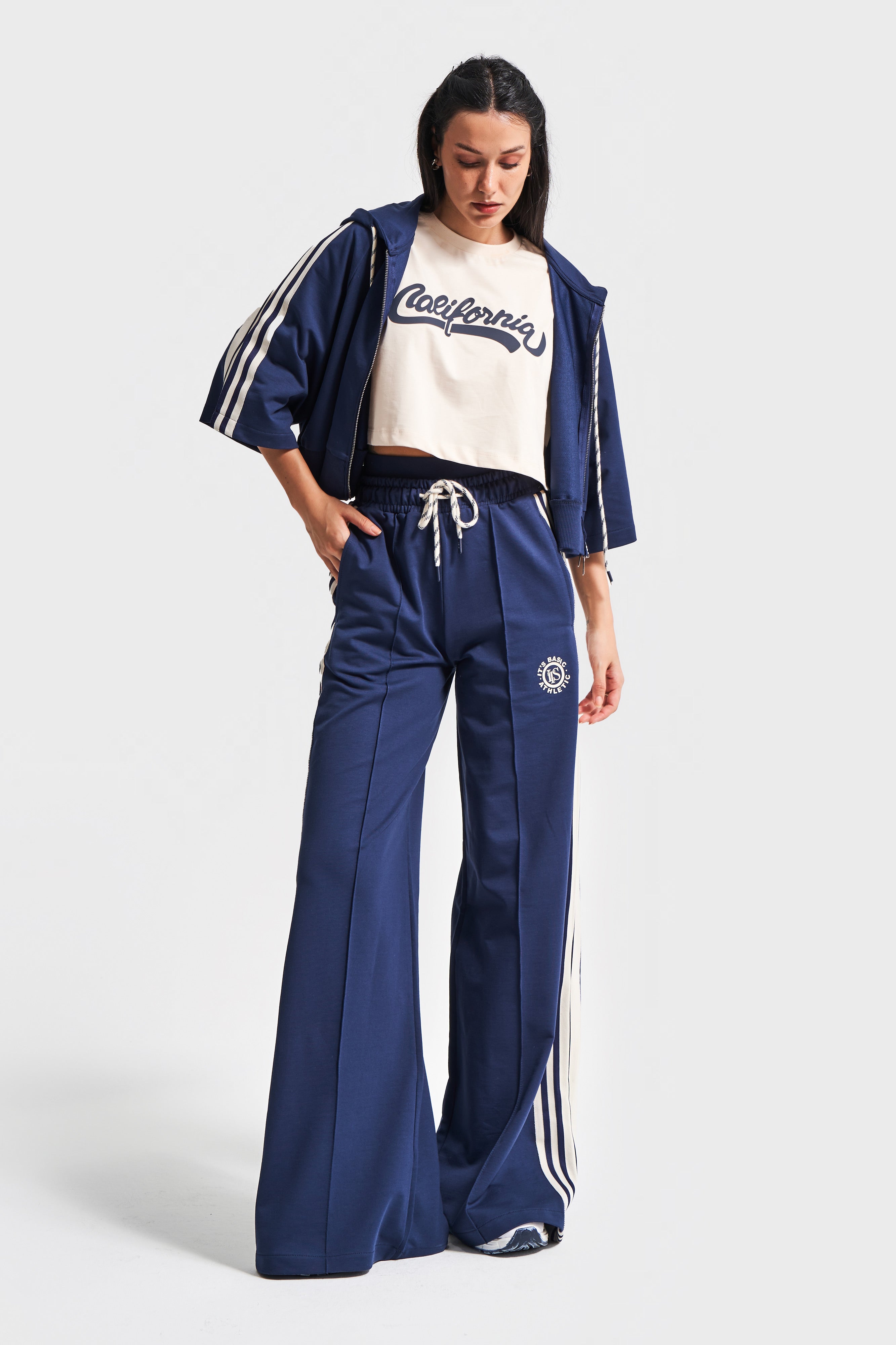 Dames donkerblauw beige kleur s5-56 gebreide stof trainingspak oversized T-shirt rits polar fleece 3-delig pak combinatie