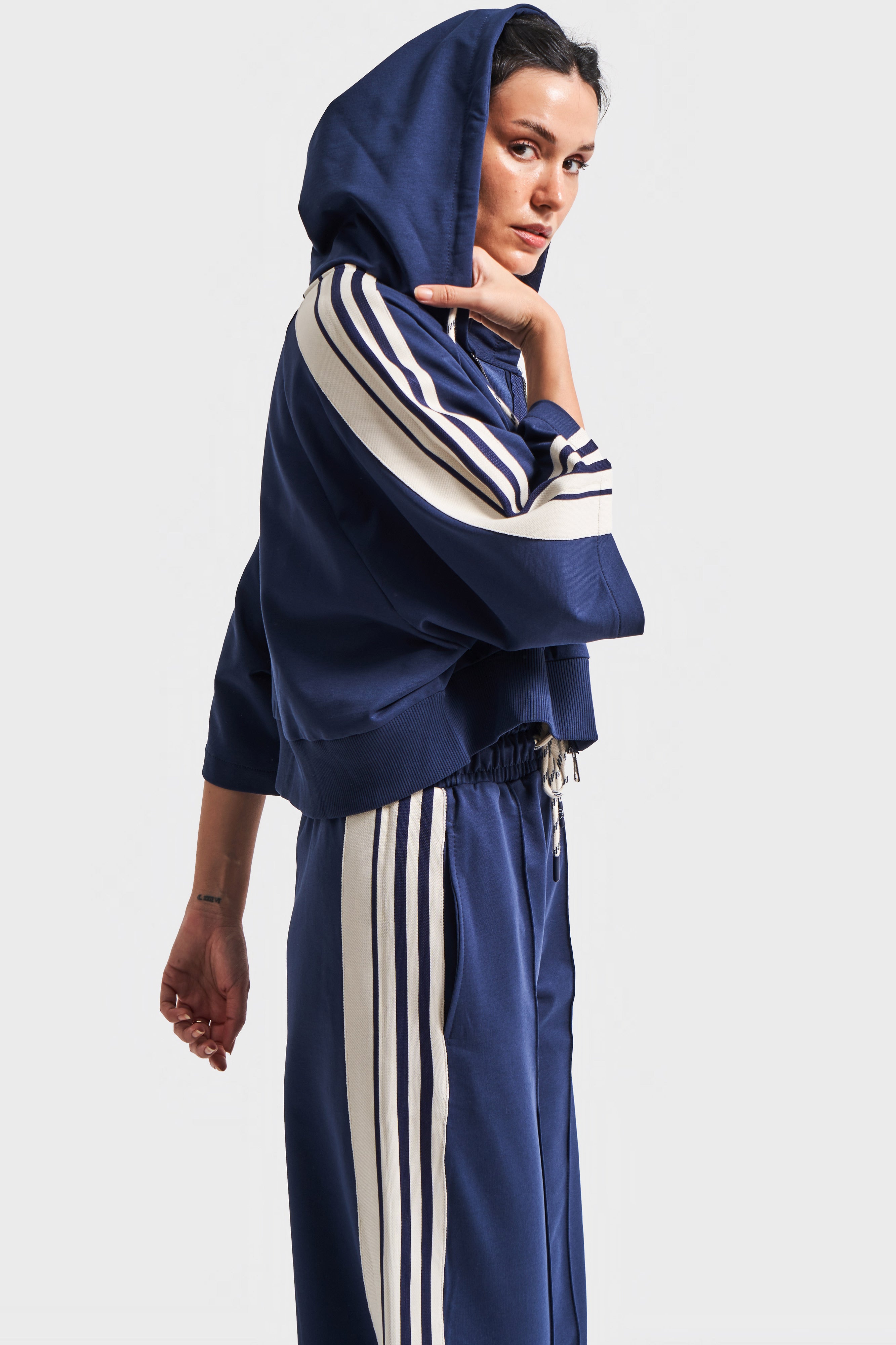 Dames donkerblauw beige kleur s5-56 gebreide stof trainingspak oversized T-shirt rits polar fleece 3-delig pak combinatie