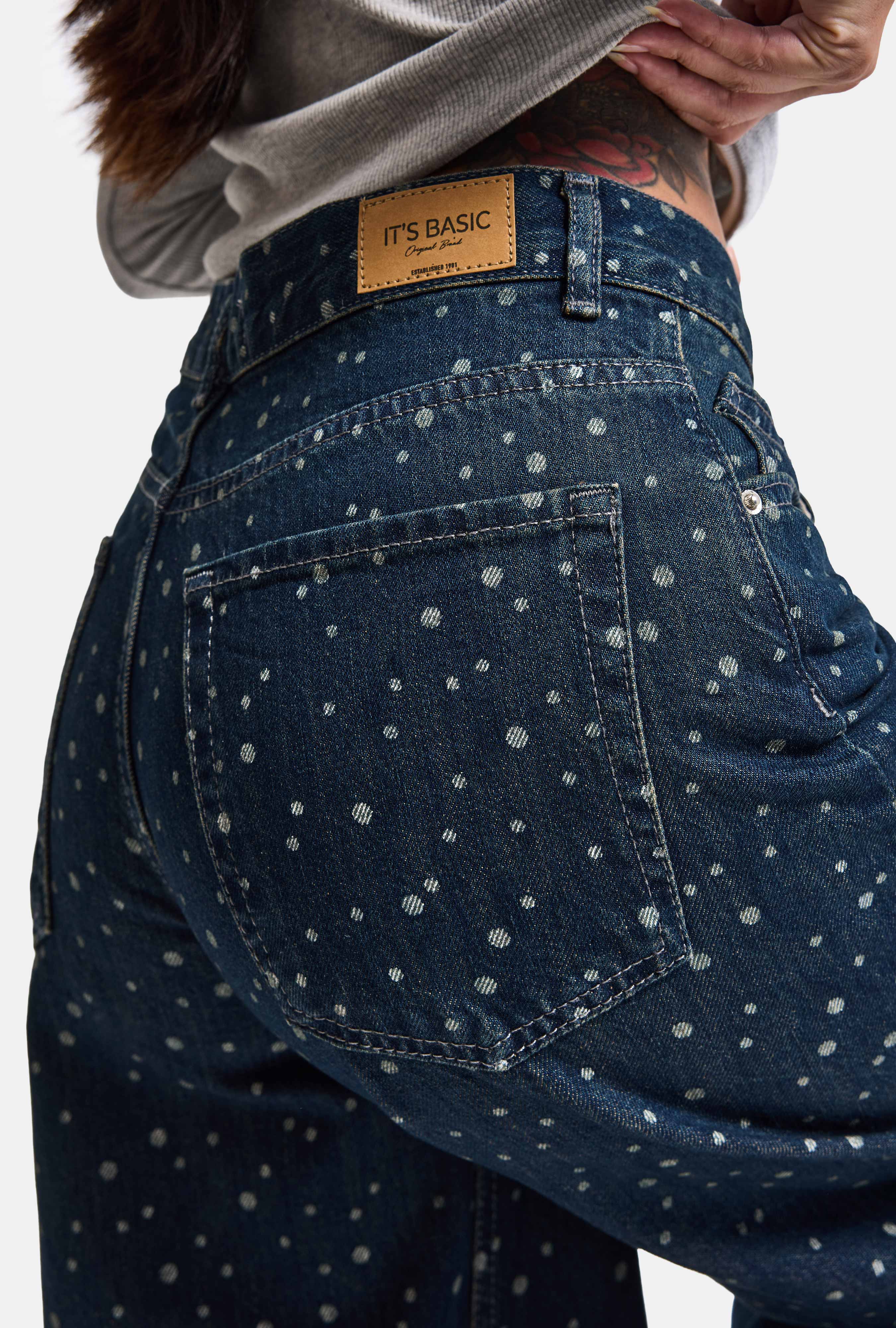 Kadın Koyu Mavi Puantiye P-1w6-11 Palazzo Fit Özel Tsarım Denim Jean
