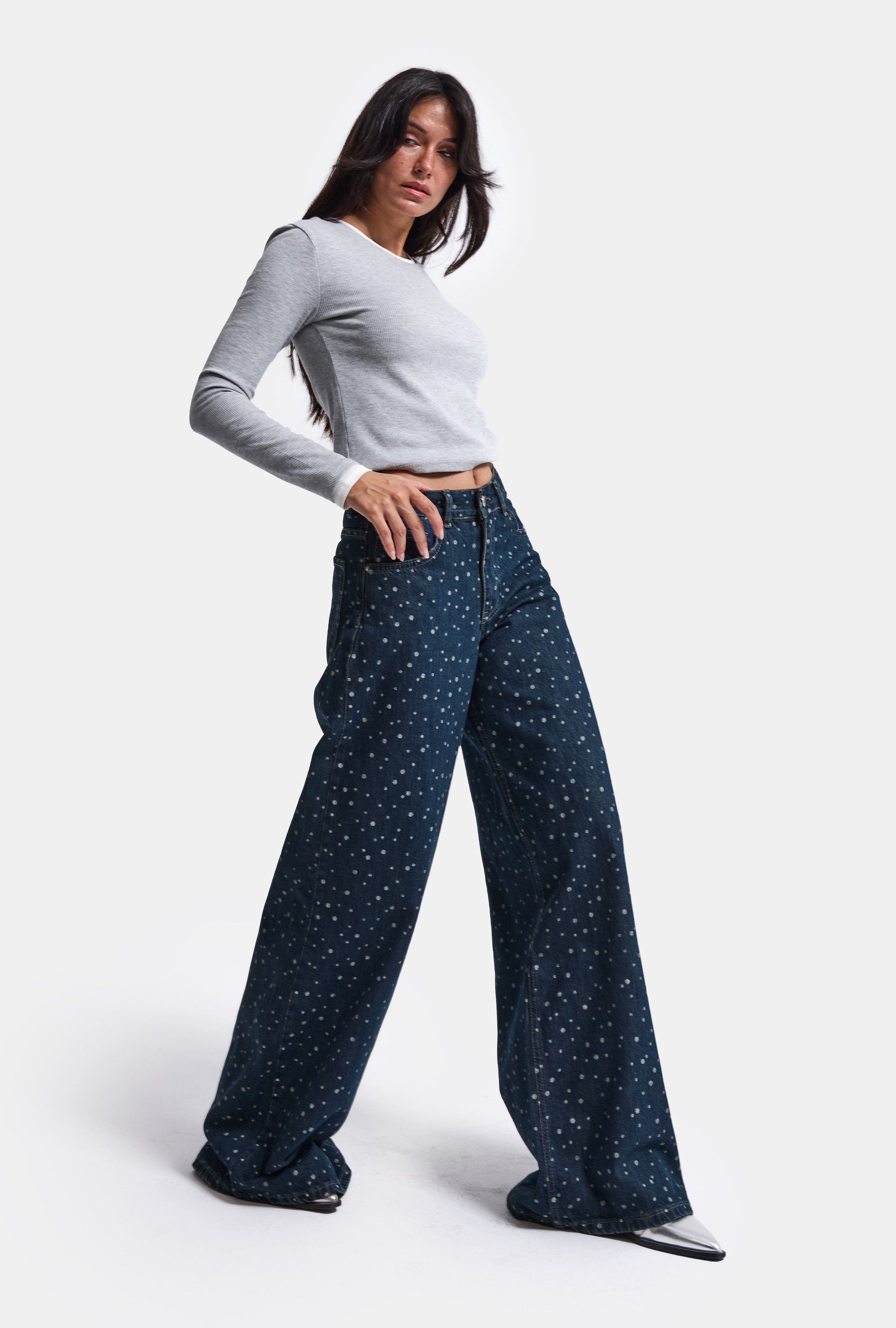 Kadın Koyu Mavi Puantiye P-1w6-11 Palazzo Fit Özel Tsarım Denim Jean