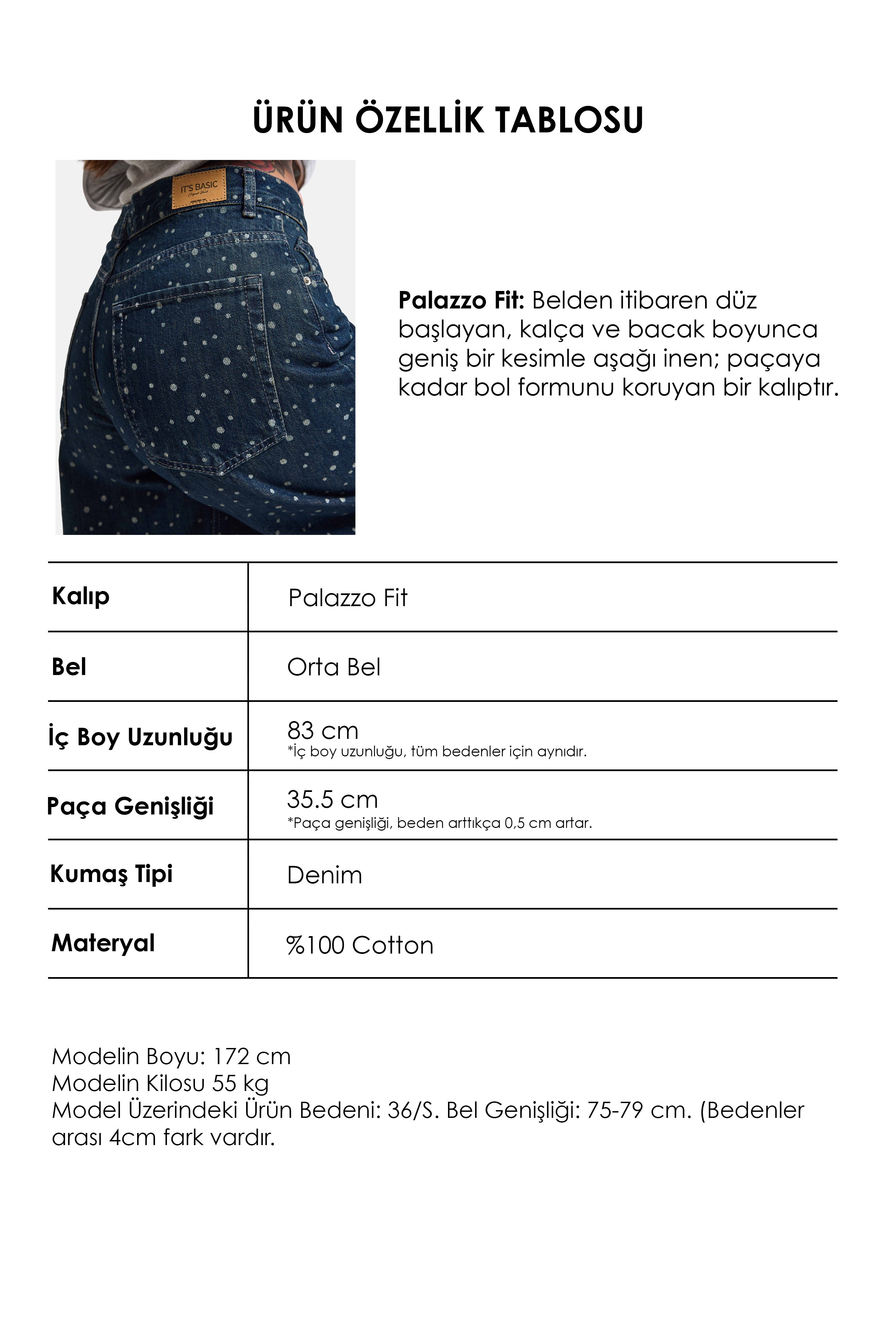 Kadın Koyu Mavi Puantiye P-1w6-11 Palazzo Fit Özel Tsarım Denim Jean