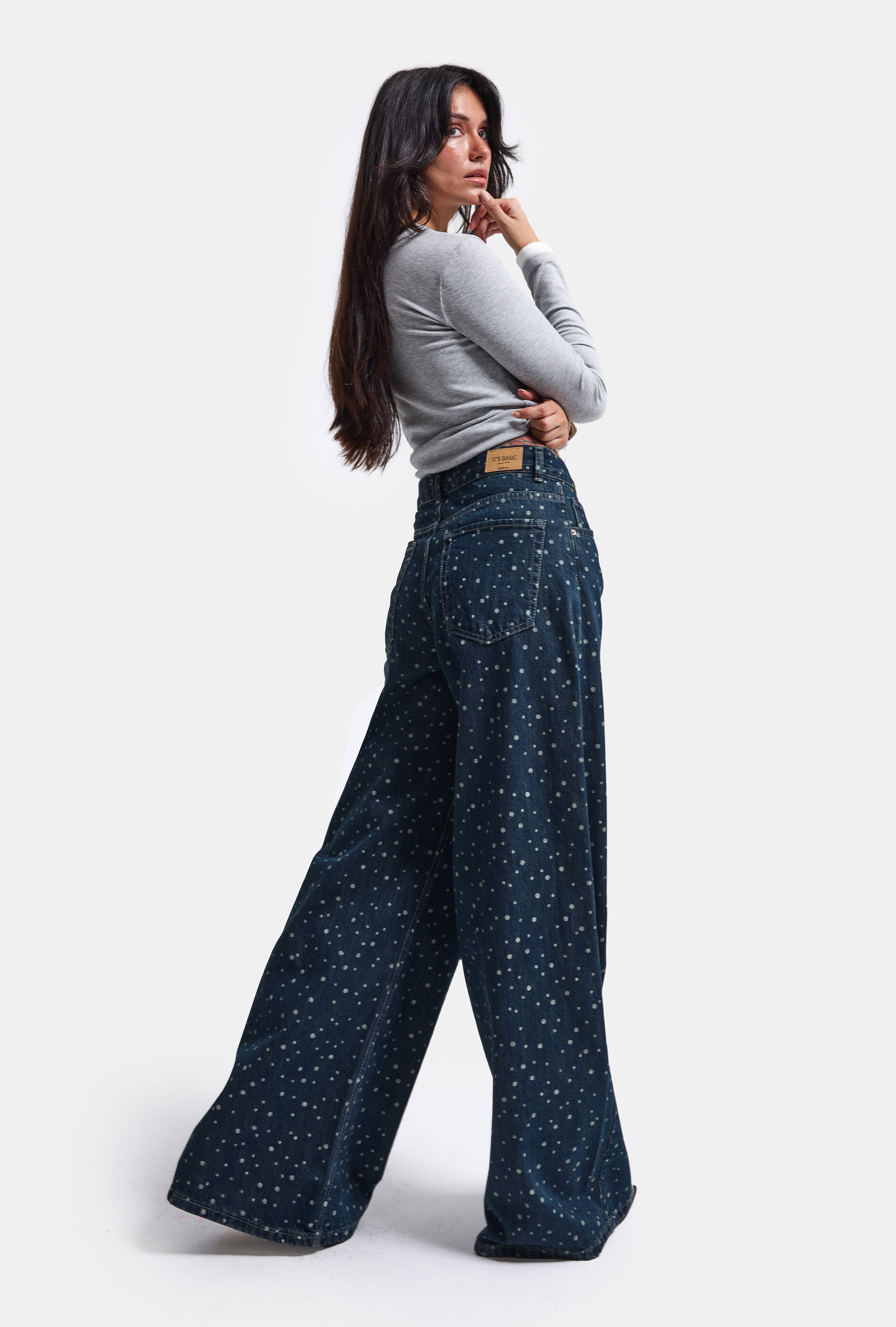 Kadın Koyu Mavi Puantiye P-1w6-11 Palazzo Fit Özel Tsarım Denim Jean
