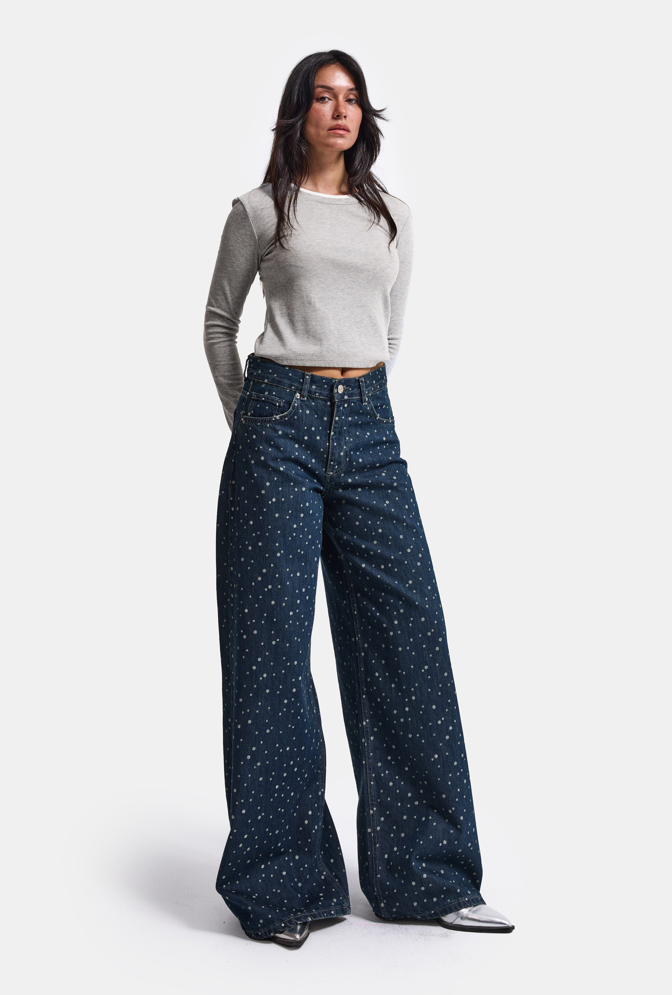 Kadın Koyu Mavi Puantiye P-1w6-11 Palazzo Fit Özel Tsarım Denim Jean