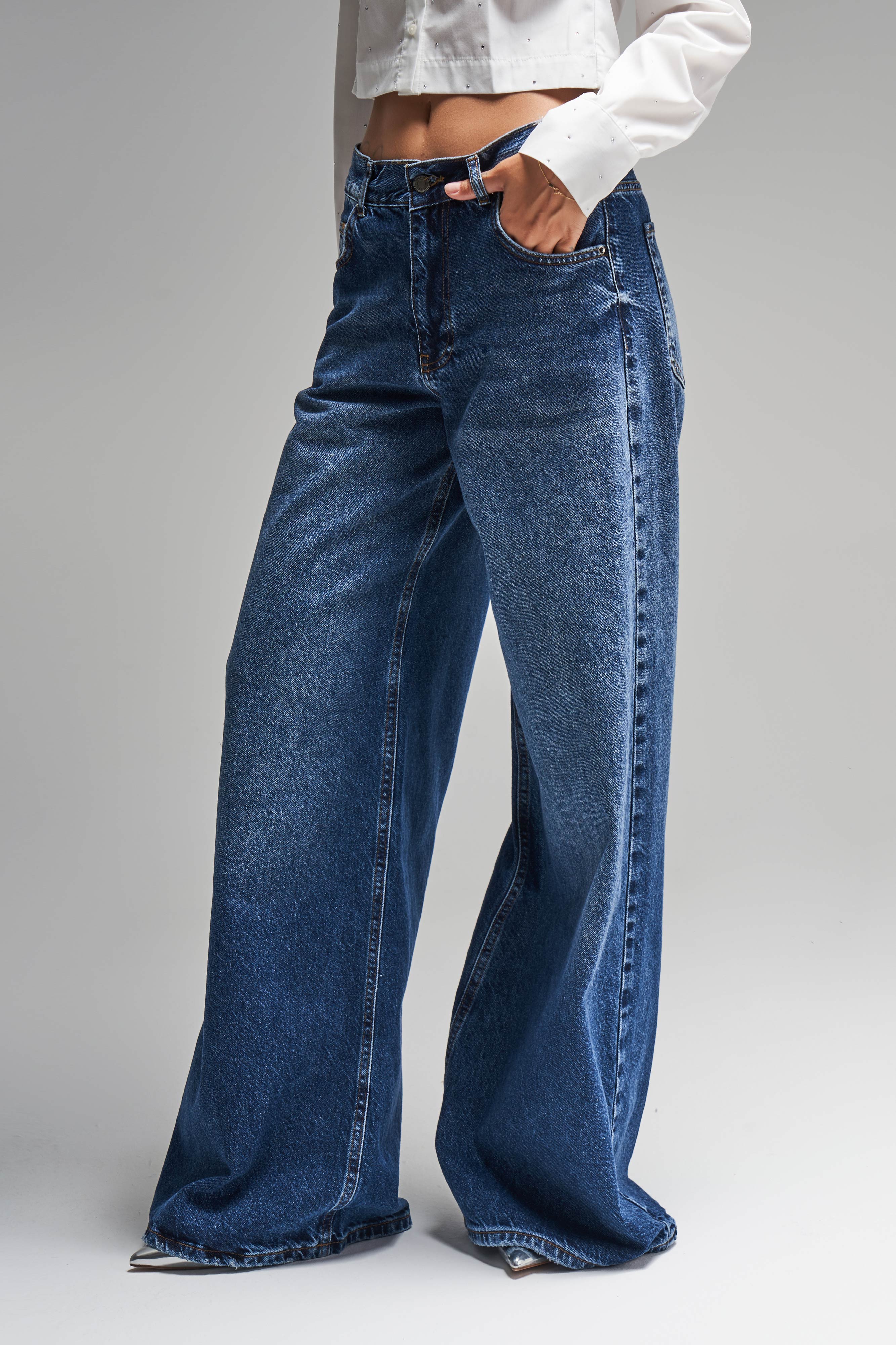 Women's Dark Blue Color 17w45 Palazzo Fit Loose Cut Denim