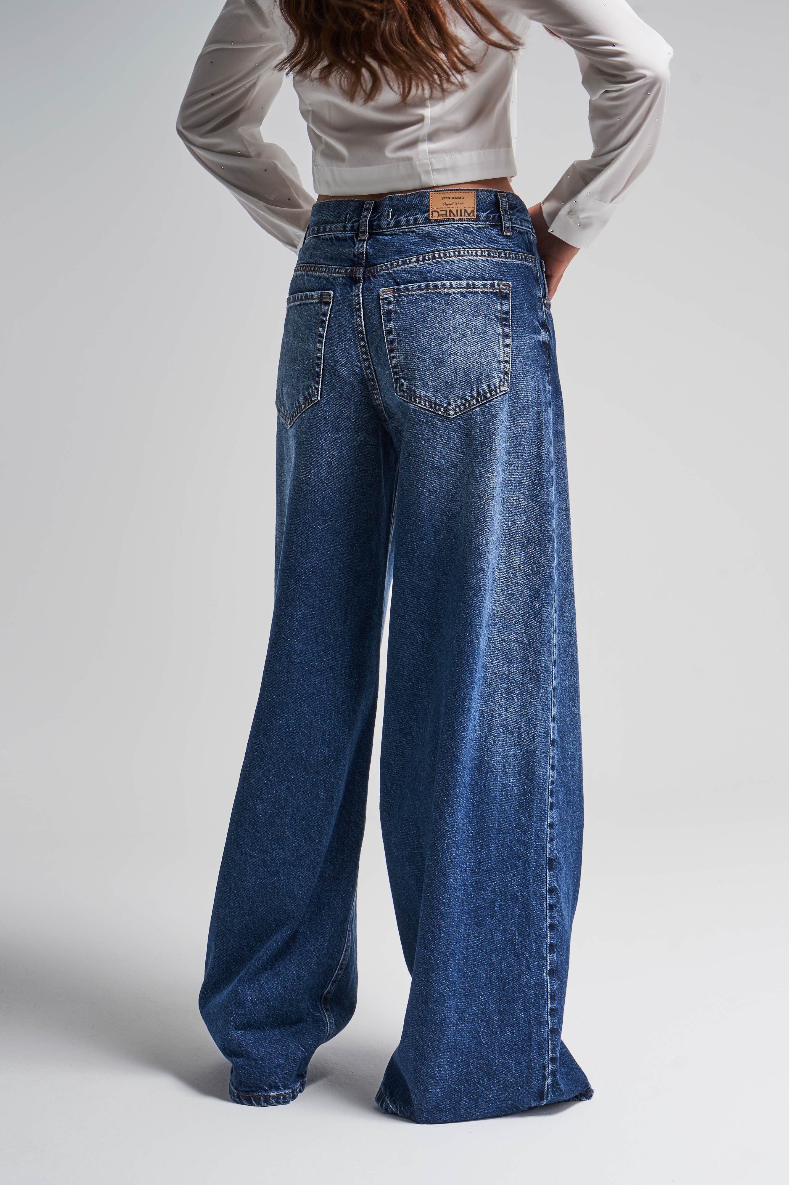 Women's Dark Blue Color 17w45 Palazzo Fit Loose Cut Denim