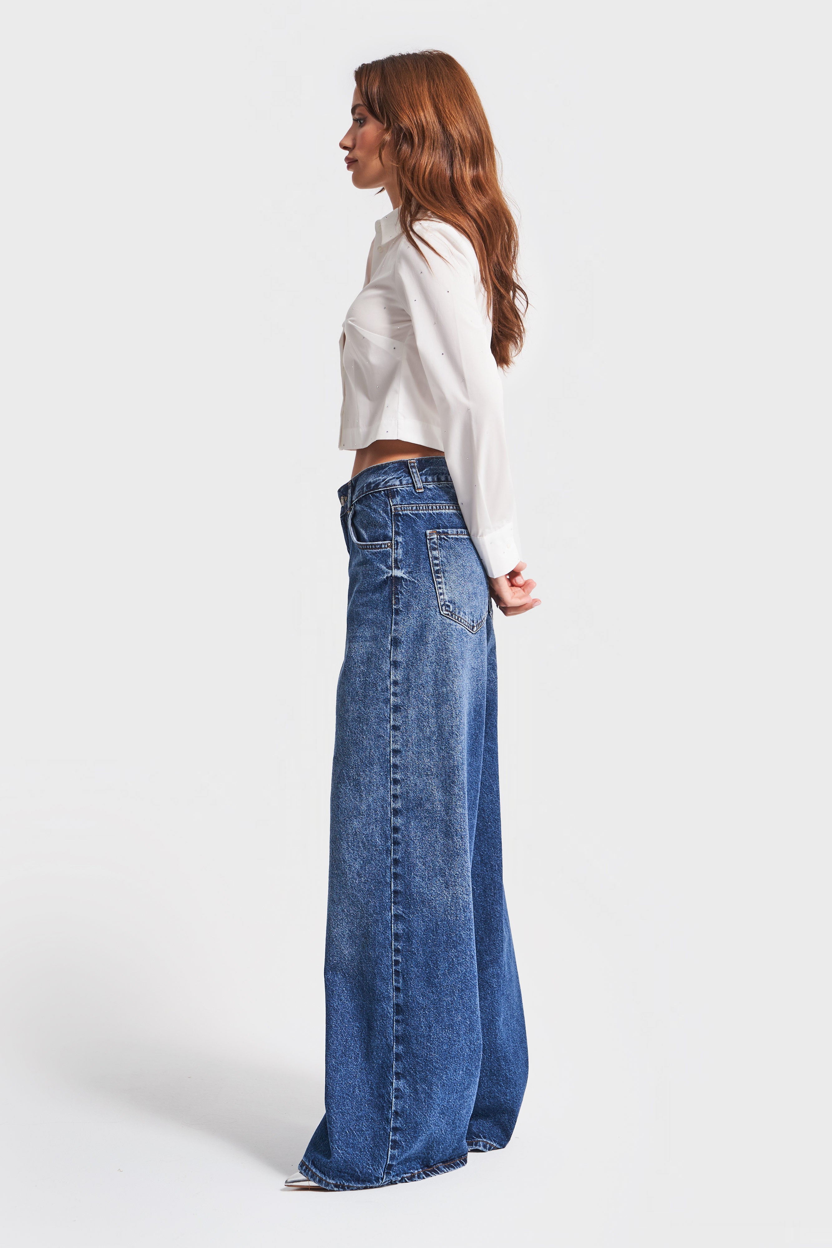 Women's Dark Blue Color 17w45 Palazzo Fit Loose Cut Denim