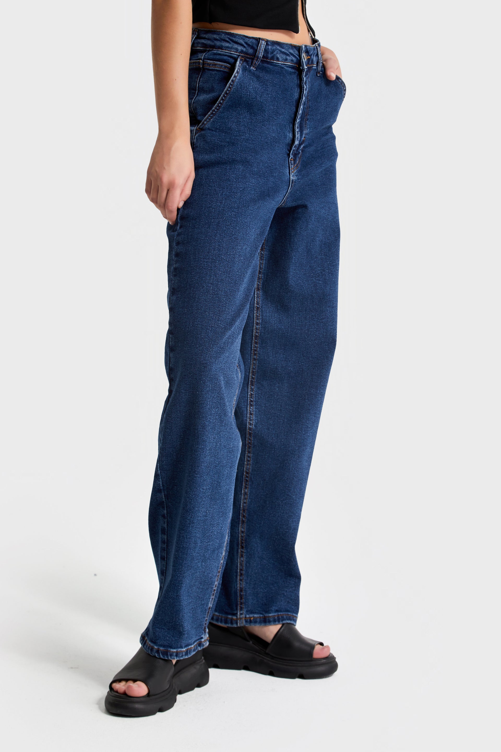 Kadın Koyu Mavi Skater Fit Denim Jean Likralı Bol Kesim