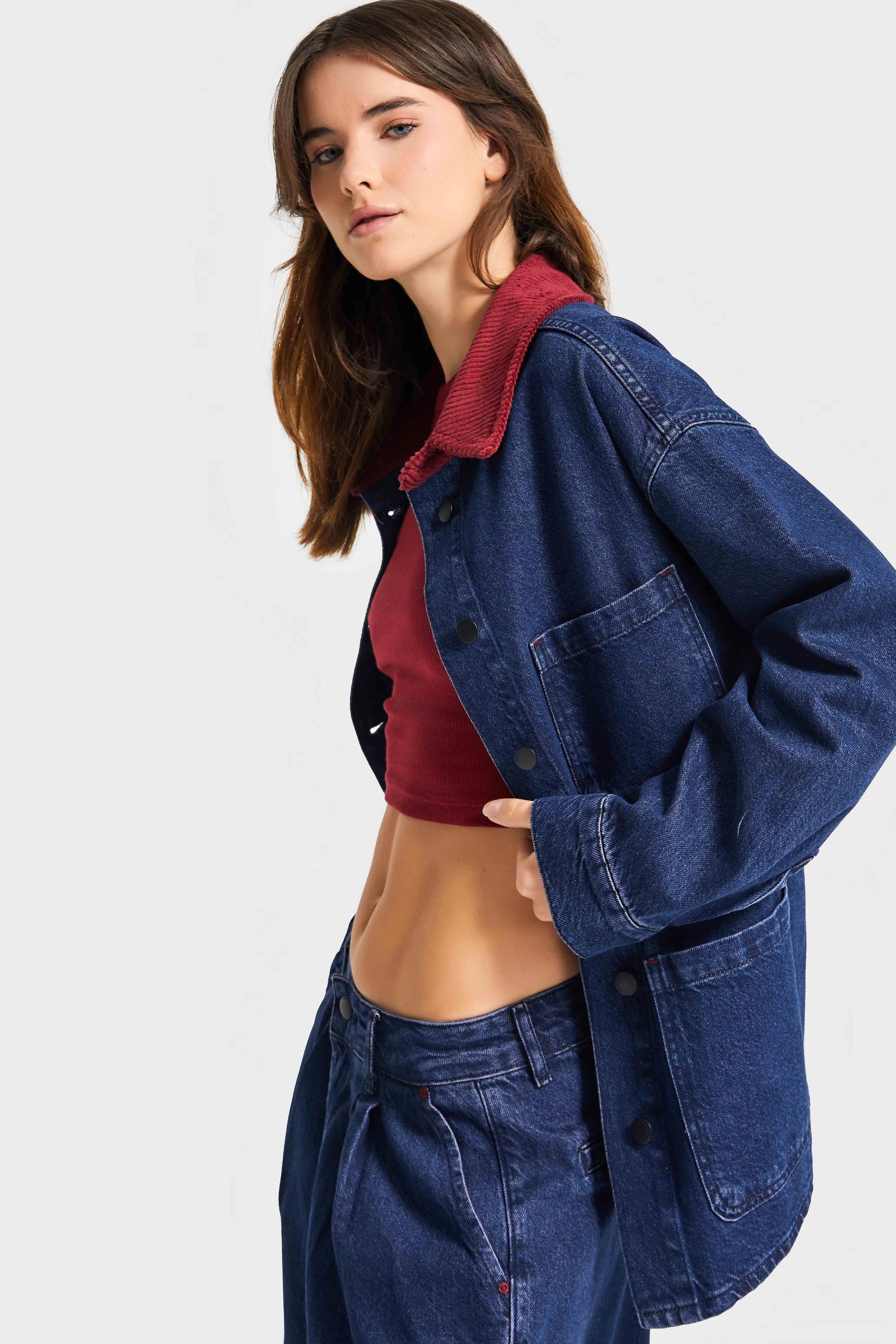 Kadın Koyu Mavi Renk 1w5-149 Oversize Yaka Detaylı Bol Kesim Özel Tasarım Denim Ceket