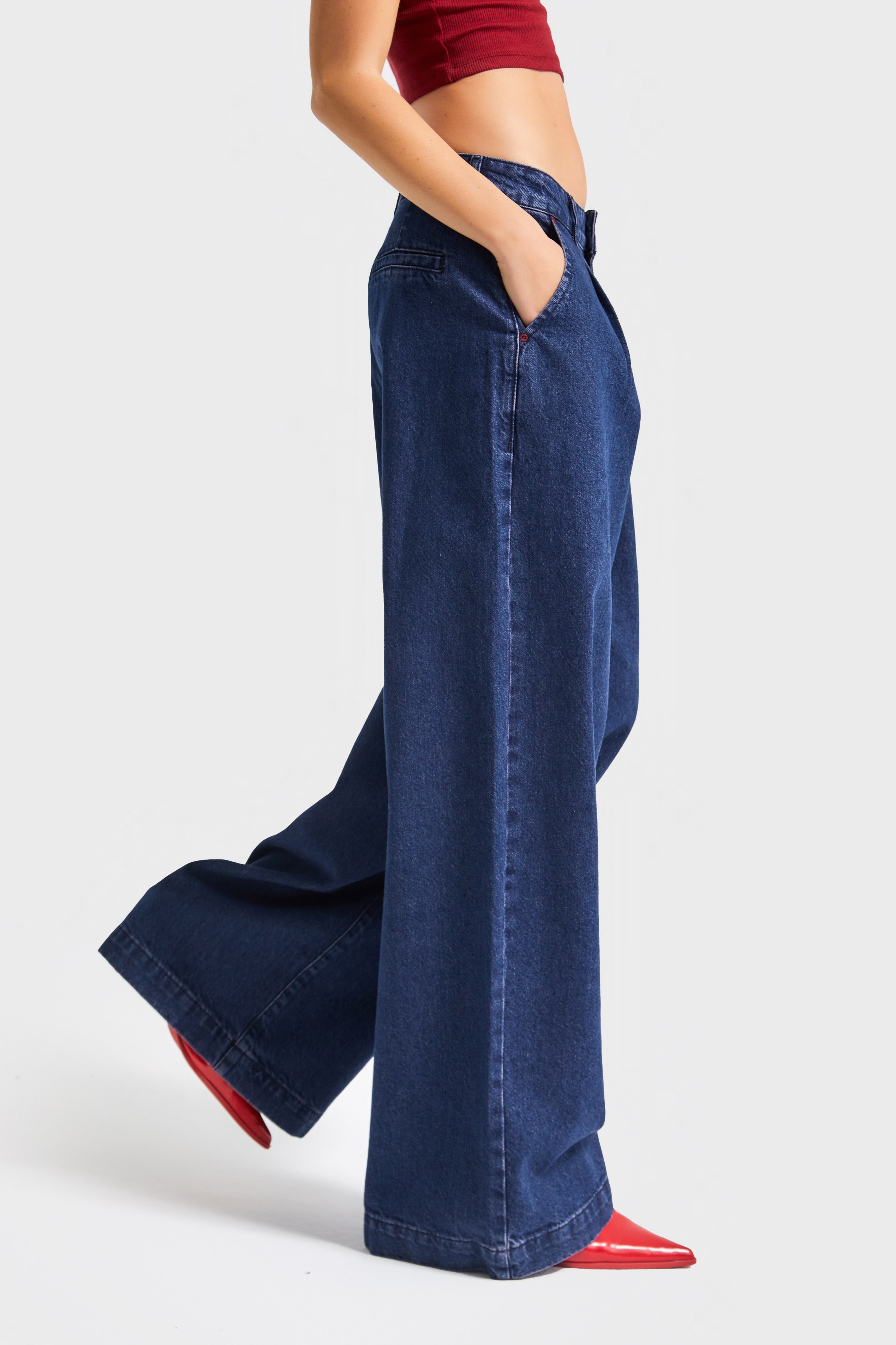 Kadın Koyu Mavi Renk 1w5-149 Palazzo Fit %100 Koton Özel Dökümlü Kumaş Denim Jean