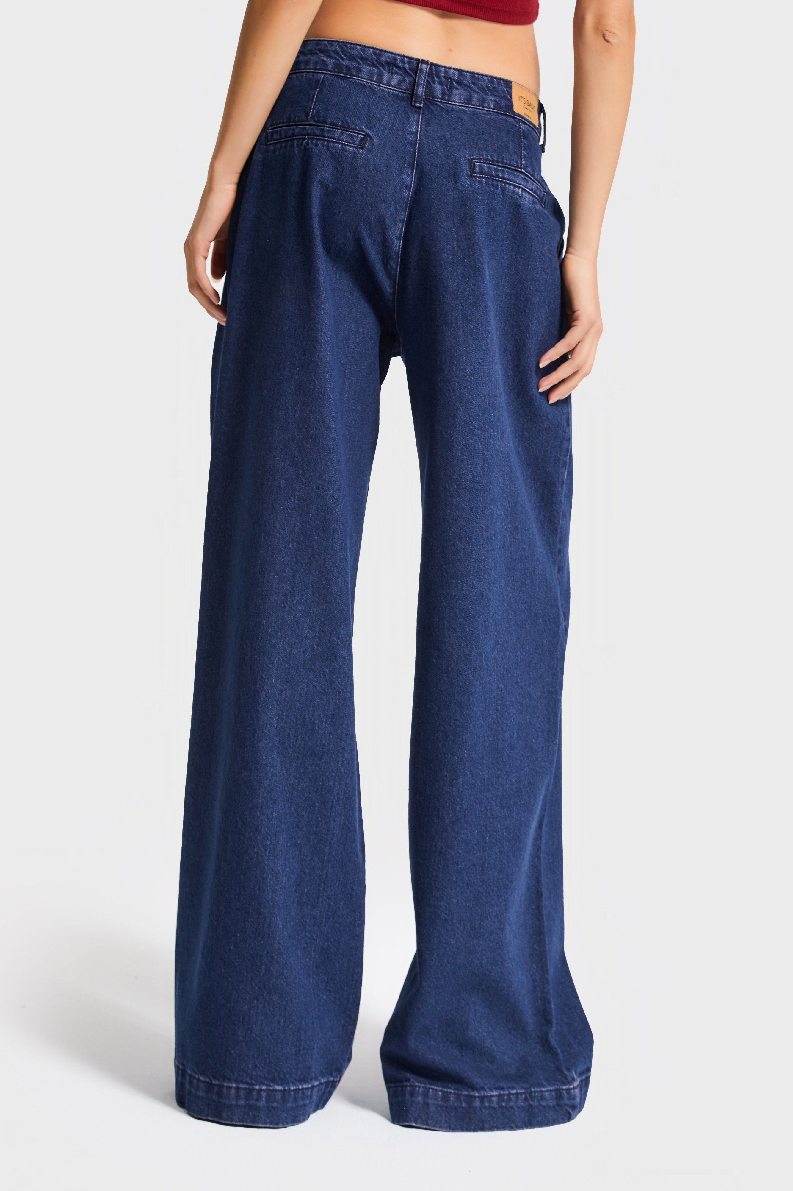 Kadın Koyu Mavi Renk 1w5-149 Palazzo Fit %100 Koton Özel Dökümlü Kumaş Denim Jean