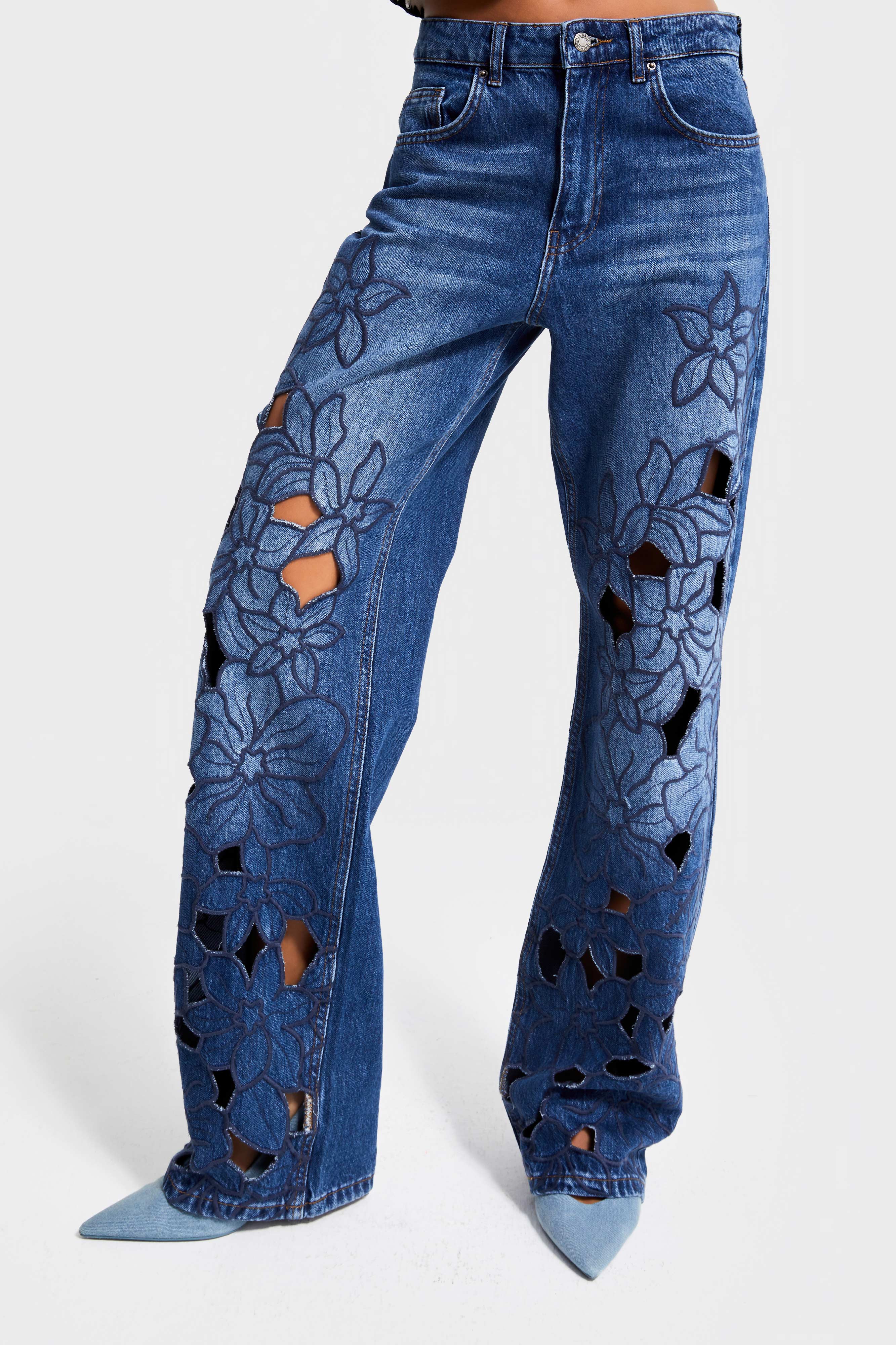Kadın Koyu Mavi Renk 2w5-5 Loose Fit Viskon Kumaş Çiçek Desen Nakışlı Özel Tasarım Orta Bel Denim Jean