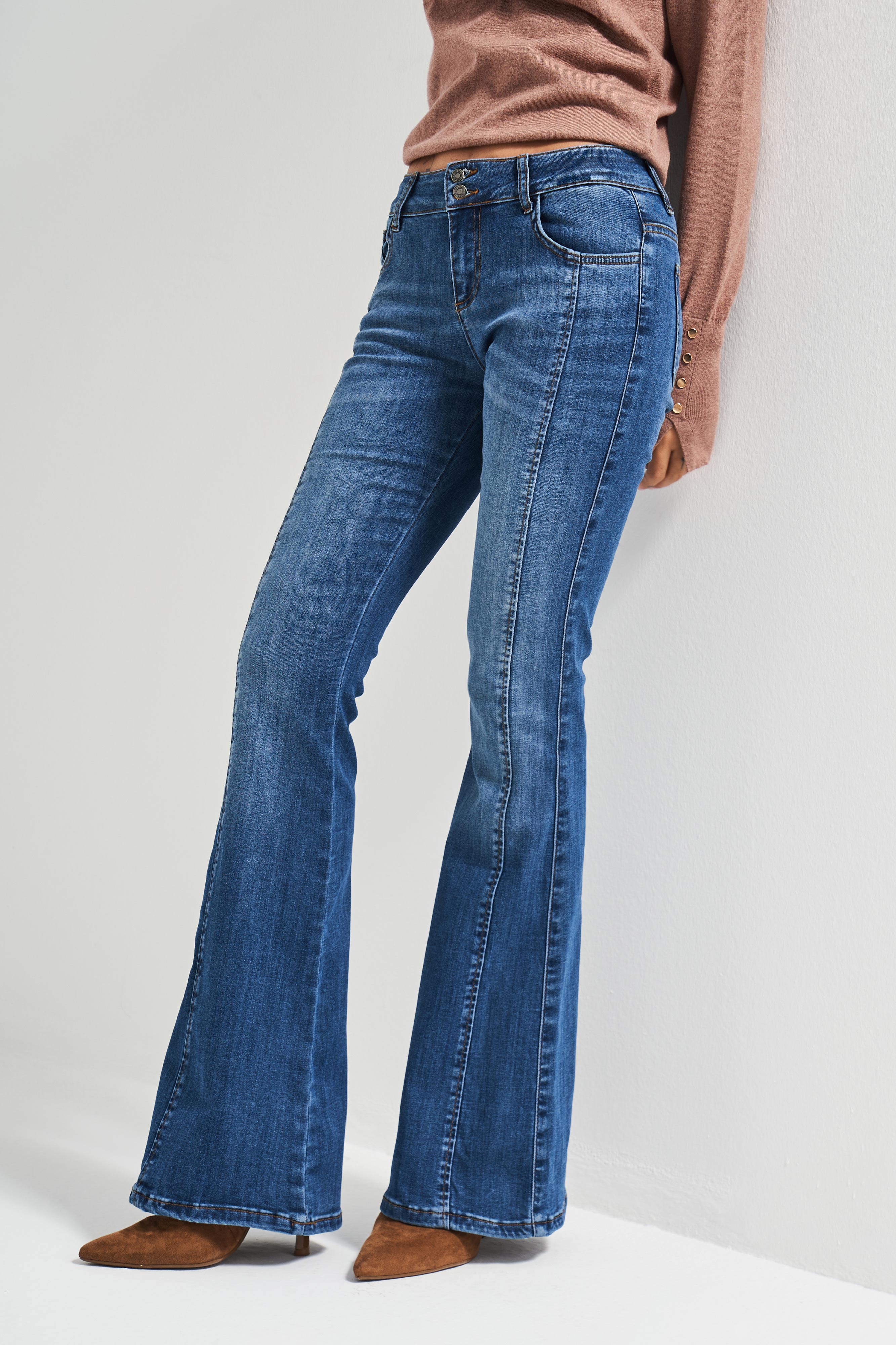 Kadın Koyu Mavi Renk 2w5-5 Midrise Flare Fit Esnek Elastan Kumaş Orta Bel Denim Jean