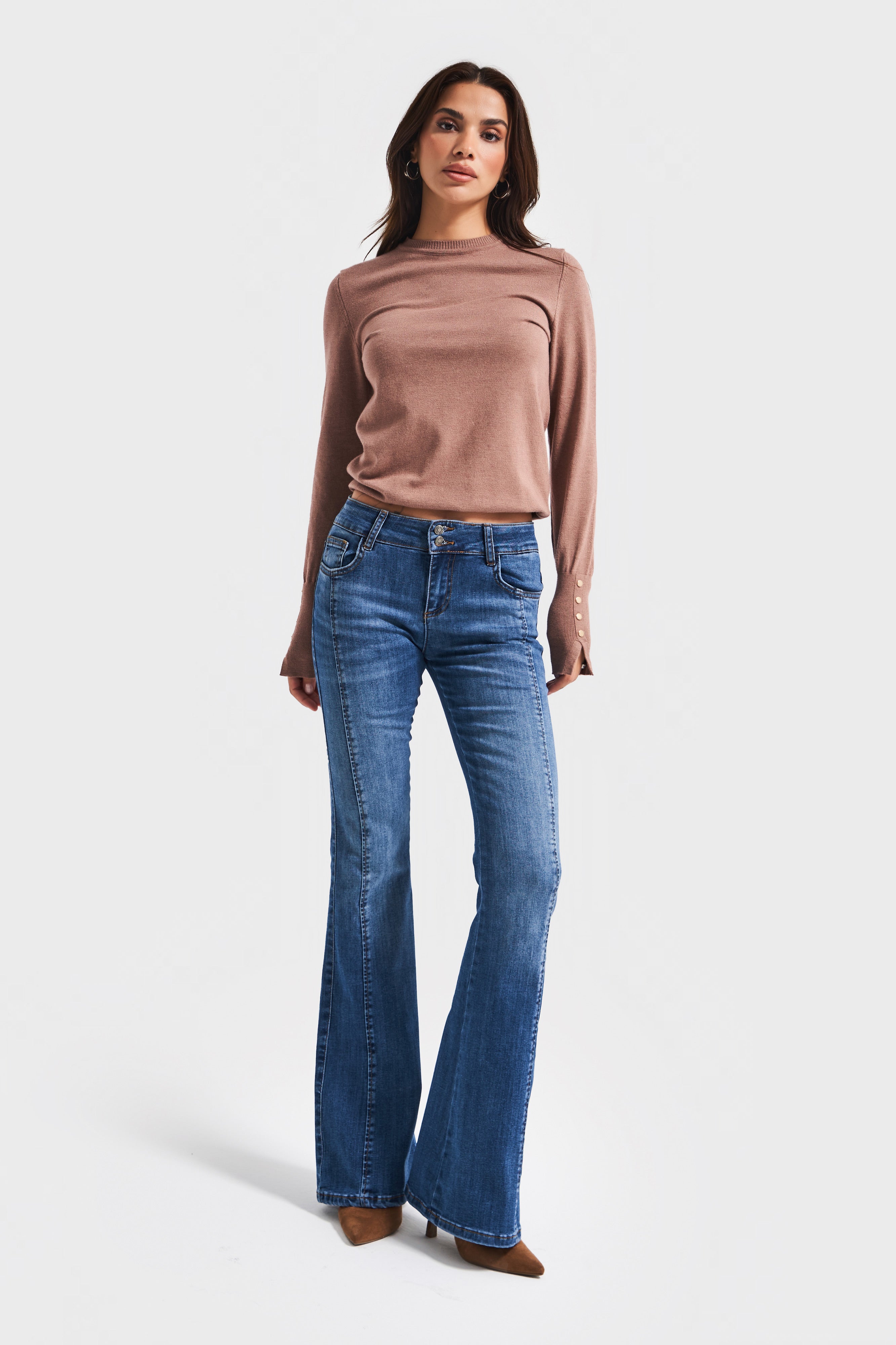 Kadın Koyu Mavi Renk 2w5-5 Midrise Flare Fit Esnek Elastan Kumaş Orta Bel Denim Jean