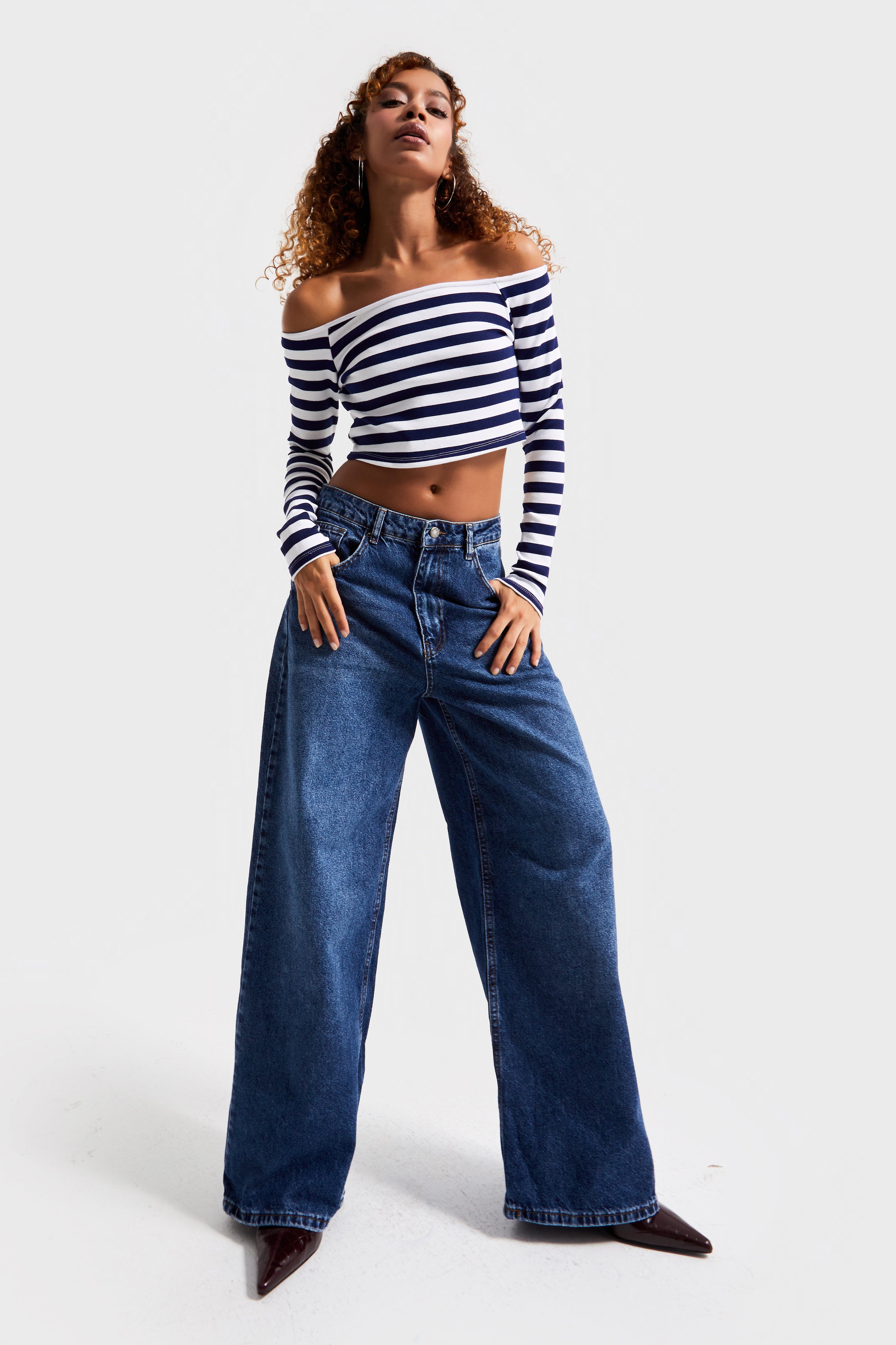 Kadın Koyu Mavi Renk 2w5-5 Süper Baggy Fit Bol Kesim Orta Bel %100 Koton Denim Jean