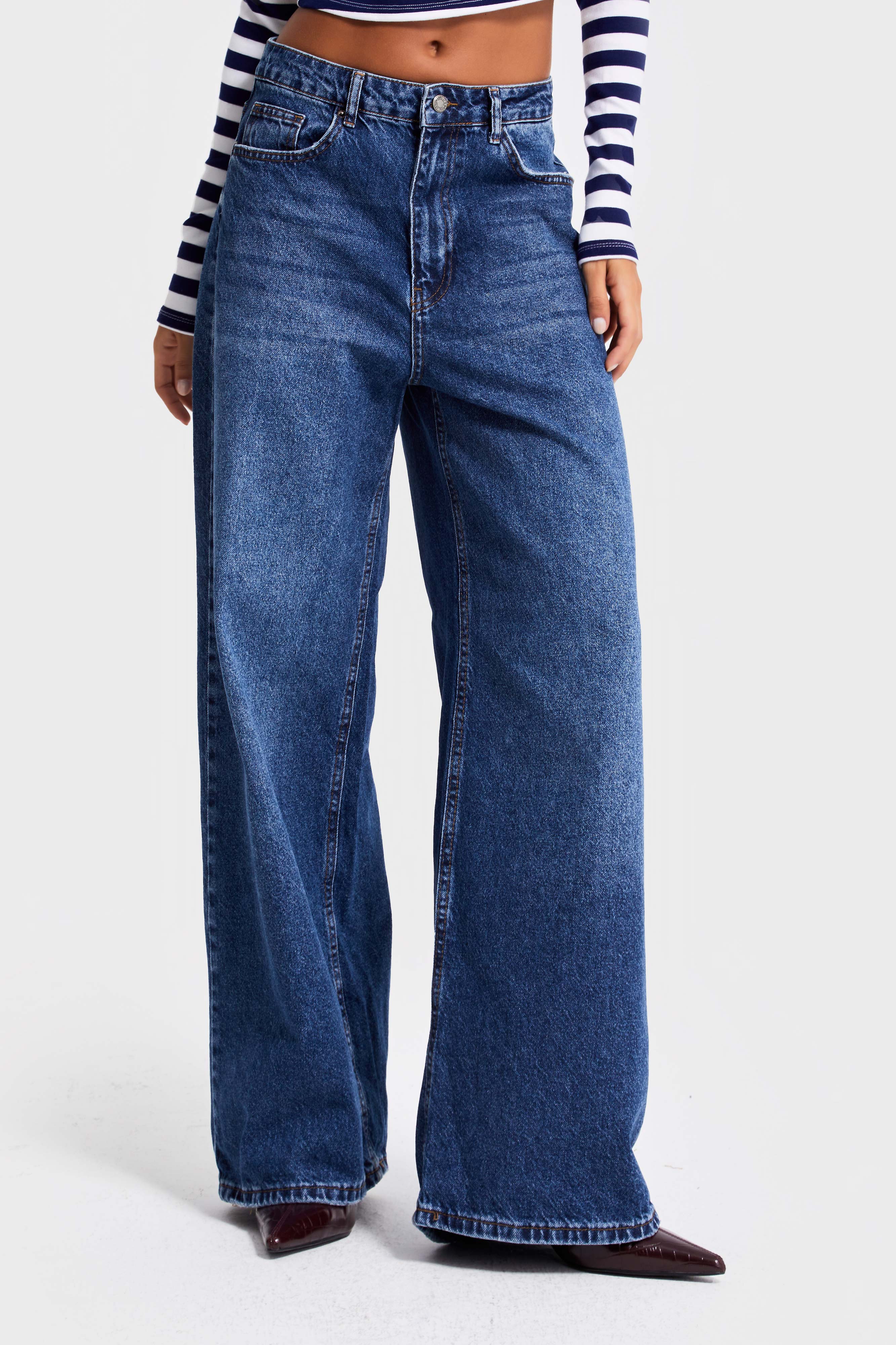Kadın Koyu Mavi Renk 2w5-5 Süper Baggy Fit Bol Kesim Orta Bel %100 Koton Denim Jean