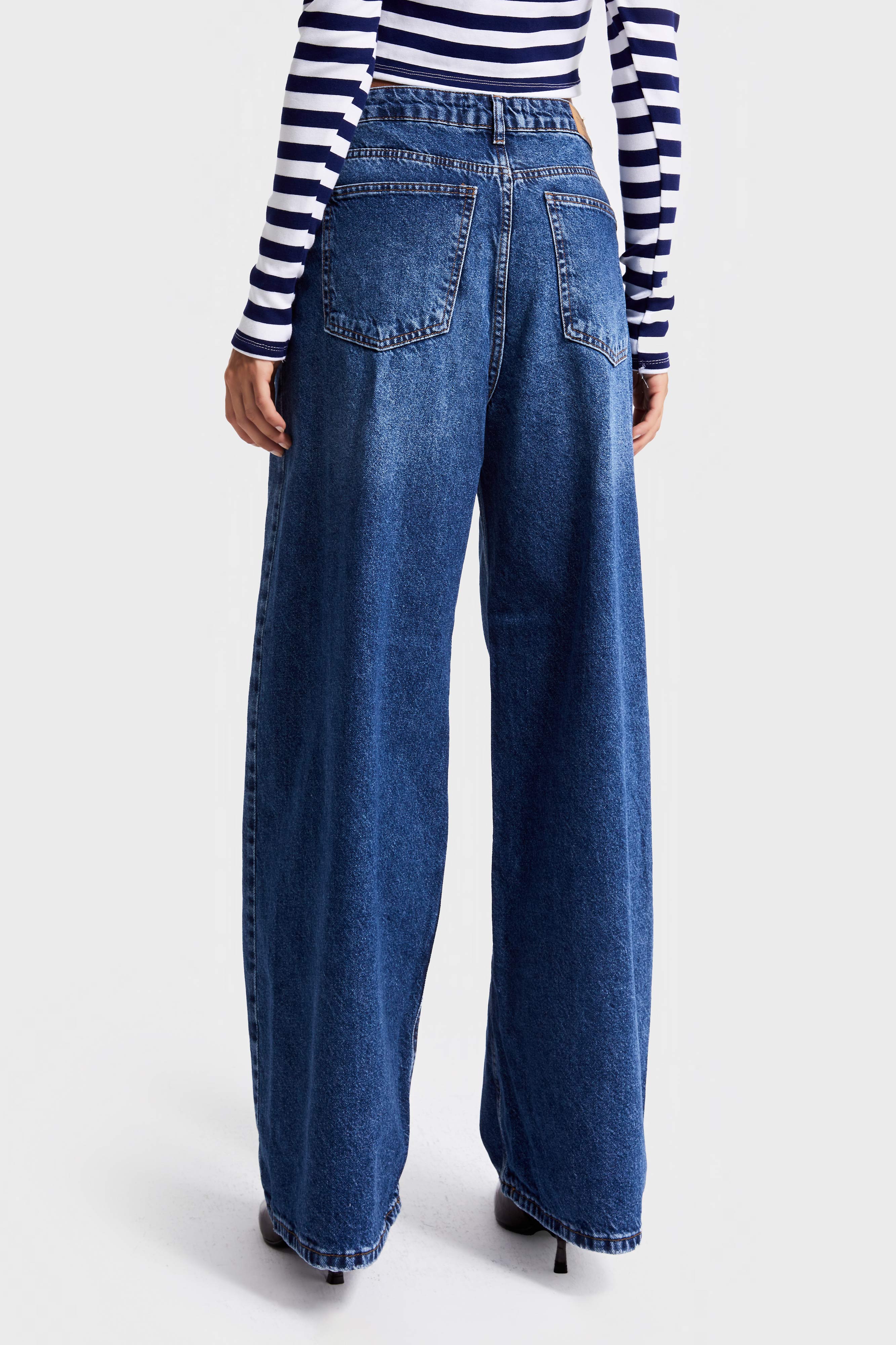 Kadın Koyu Mavi Renk 2w5-5 Süper Baggy Fit Bol Kesim Orta Bel %100 Koton Denim Jean