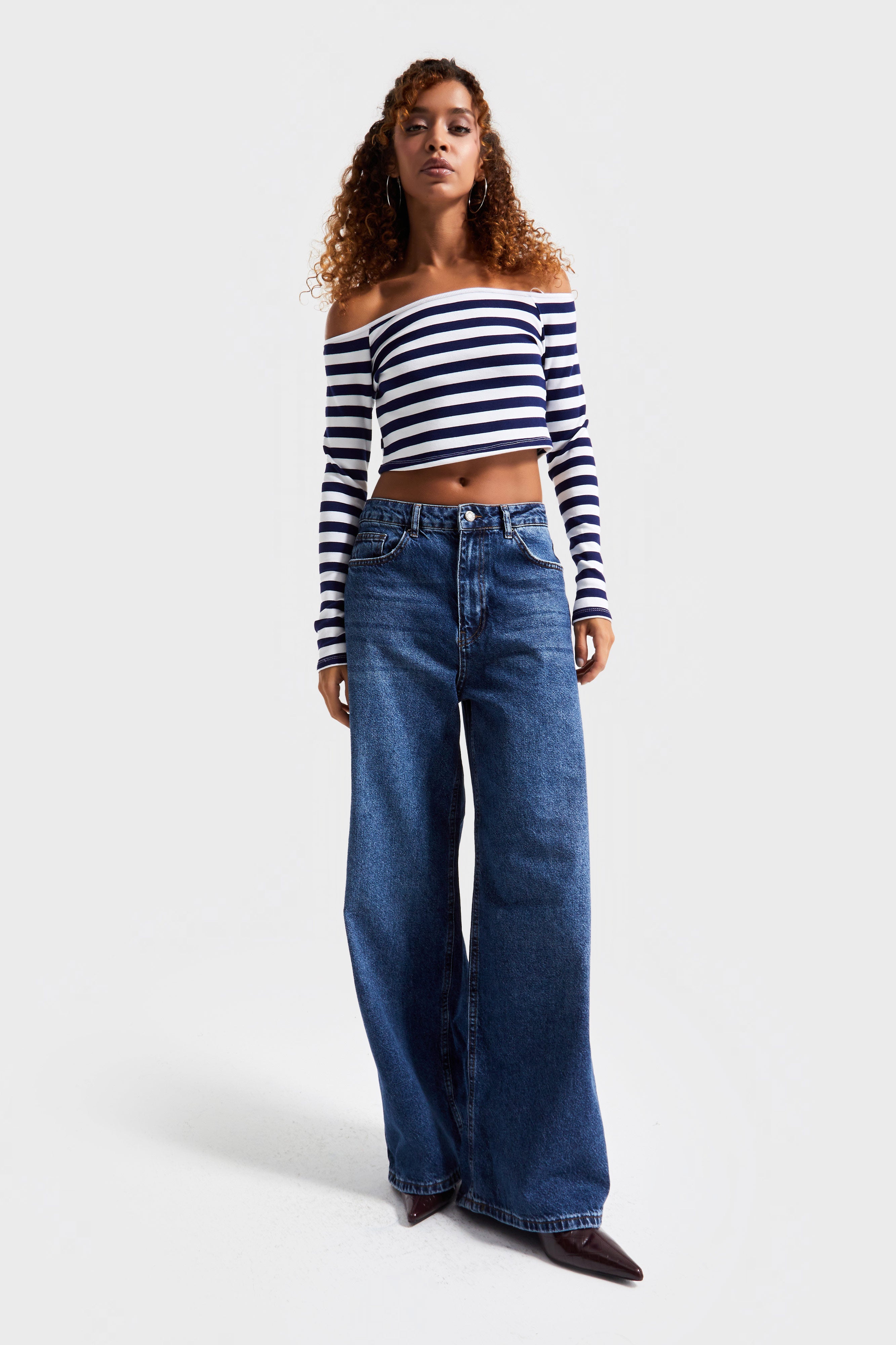 Kadın Koyu Mavi Renk 2w5-5 Süper Baggy Fit Bol Kesim Orta Bel %100 Koton Denim Jean